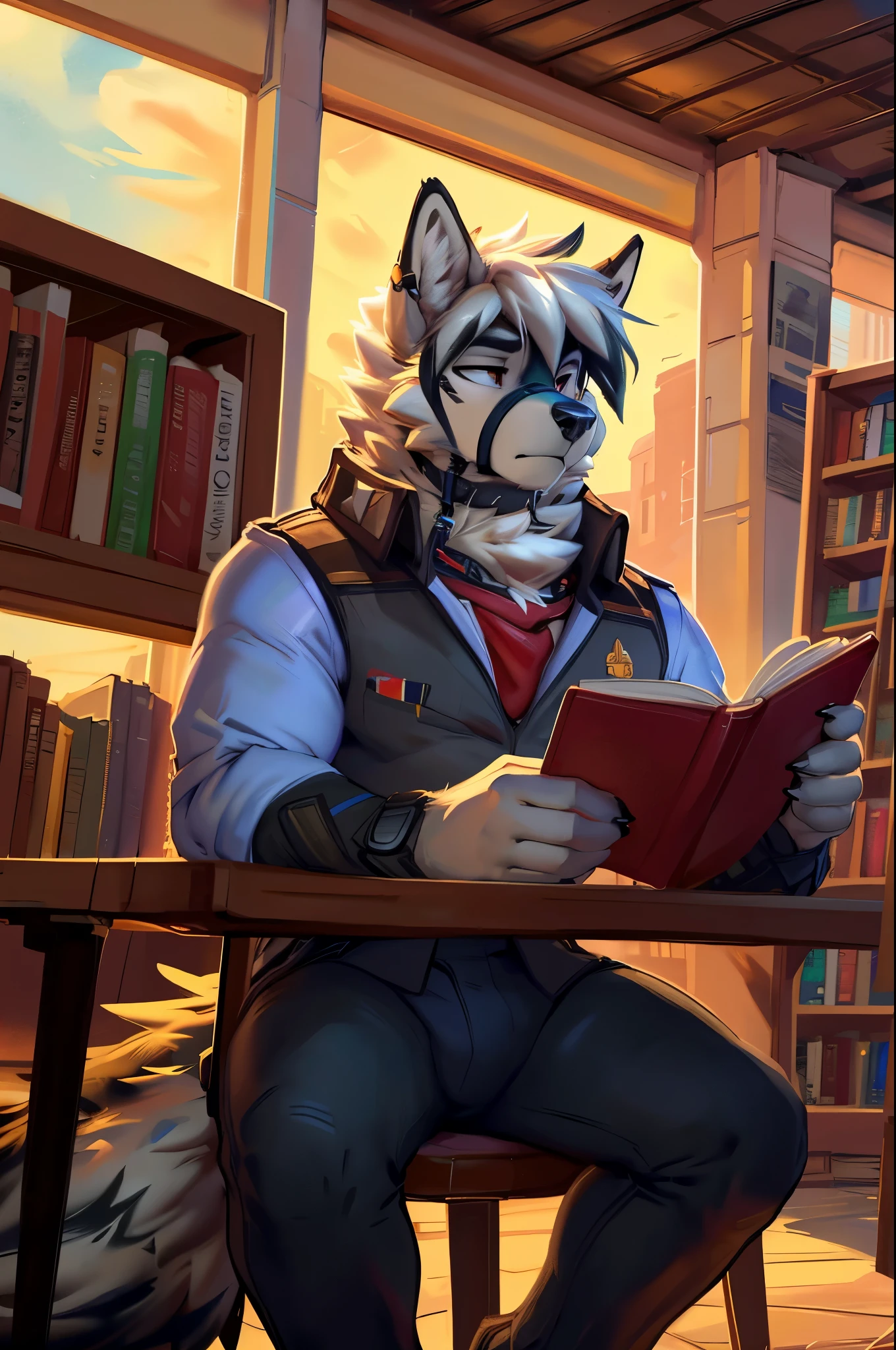(by xstupid furryx and dacad and jarlium and notafurrytho and kenket and seibear and dangpa and wizzikt and zackary911) (by darkgem and zourick and jishinu and dacad and zackary911 and braeburned and photonoko and dimwitdog and seibear and vksuika and marblesoda and fluff-kevlar and chunie and juiceps and riska and meesh and fuzzamorous and wizzikt) lycaon, (verry handsome), public library, male, anthro, pointy ears, wolf, canine, sitting at the table, vine, reading a book, bored expression, after work, waiting for someone, casual clothing, great lights, (verry detailed face), verry detailed eyes, (verry detailed fur), (verry fluffy:1.6), (verry fluffy tail), verry detailed eyes, red eyes, (neck fluff), (tufted fur), (fur tuft), (inner ear fluff), safe for work, high-res, detailed background, great lighting, verry detailed body, 8k,Pixar, masterpiece, detailed lighting, cinematic ligytning, back lightning, walpaper