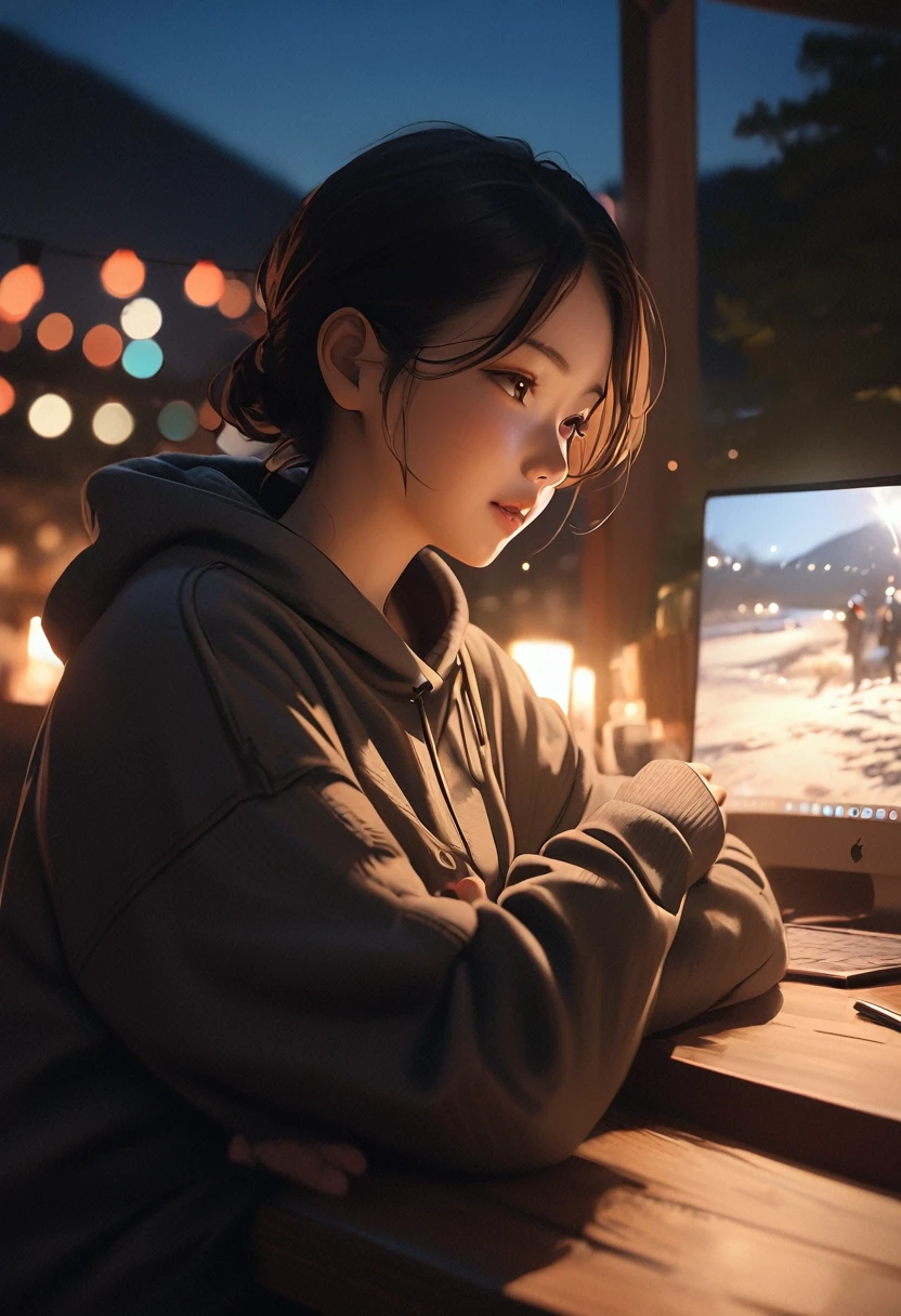 (8k, RAW Photos, Highest quality, masterpiece:1.2), High-definition RAW color photos, Professional photos,(Realistic, photo Realistic:1.2), ((Highest quality)), 1 girl, Cinematic Light, High resolution, (Detailed painted face:1.2), (masterpiece:1.5), night,under the stars,Long black hair,Bring a smile to your audience, winter, Near trees, Thick clothing