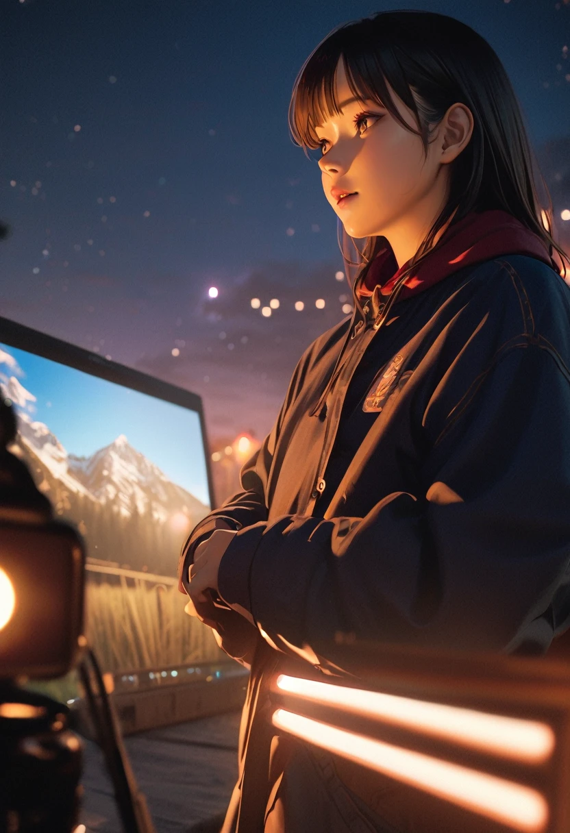 (8k, RAW Photos, Highest quality, masterpiece:1.2), High-definition RAW color photos, Professional photos,(Realistic, photo Realistic:1.2), ((Highest quality)), 1 girl, Cinematic Light, High resolution, (Detailed painted face:1.2), (masterpiece:1.5), night,under the stars,Long black hair,Bring a smile to your audience, winter, Near trees, Thick clothing