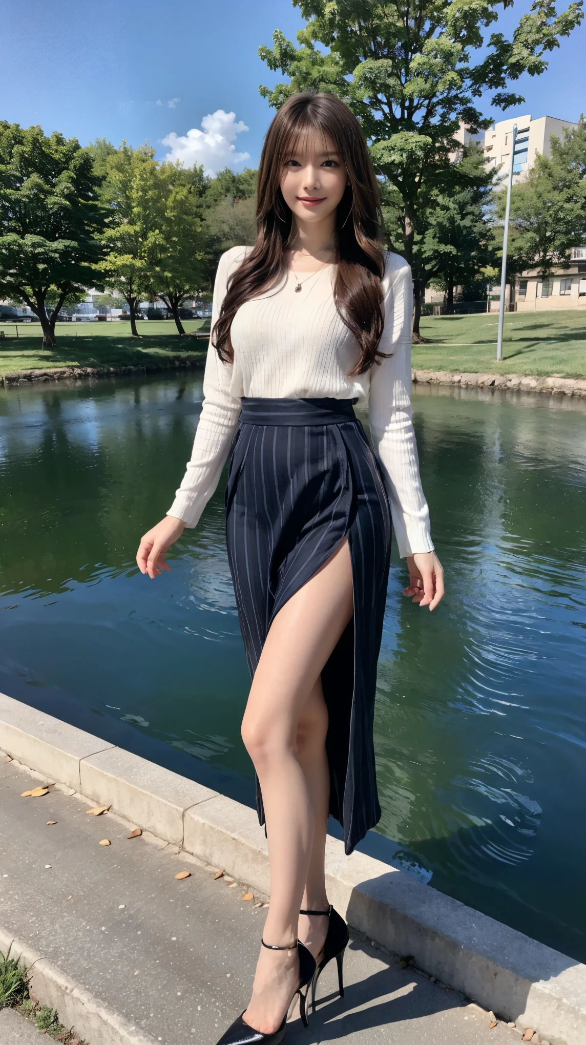 ((masterpiece)),(((Highest quality))),A low-angle shot that highlights her beautiful thighs and crotch:1.5,Long legs,The best smile:1.5,Slim figure:1.5,whole body:1.5,(One Girl:1.3),(Viewer Display:1.4),(Pointy high heels:1.3),(Standing with legs wide apart by the lake:1.2),(Wearing a striped long skirt dress:1.2),Long Curly Hair:1.5,