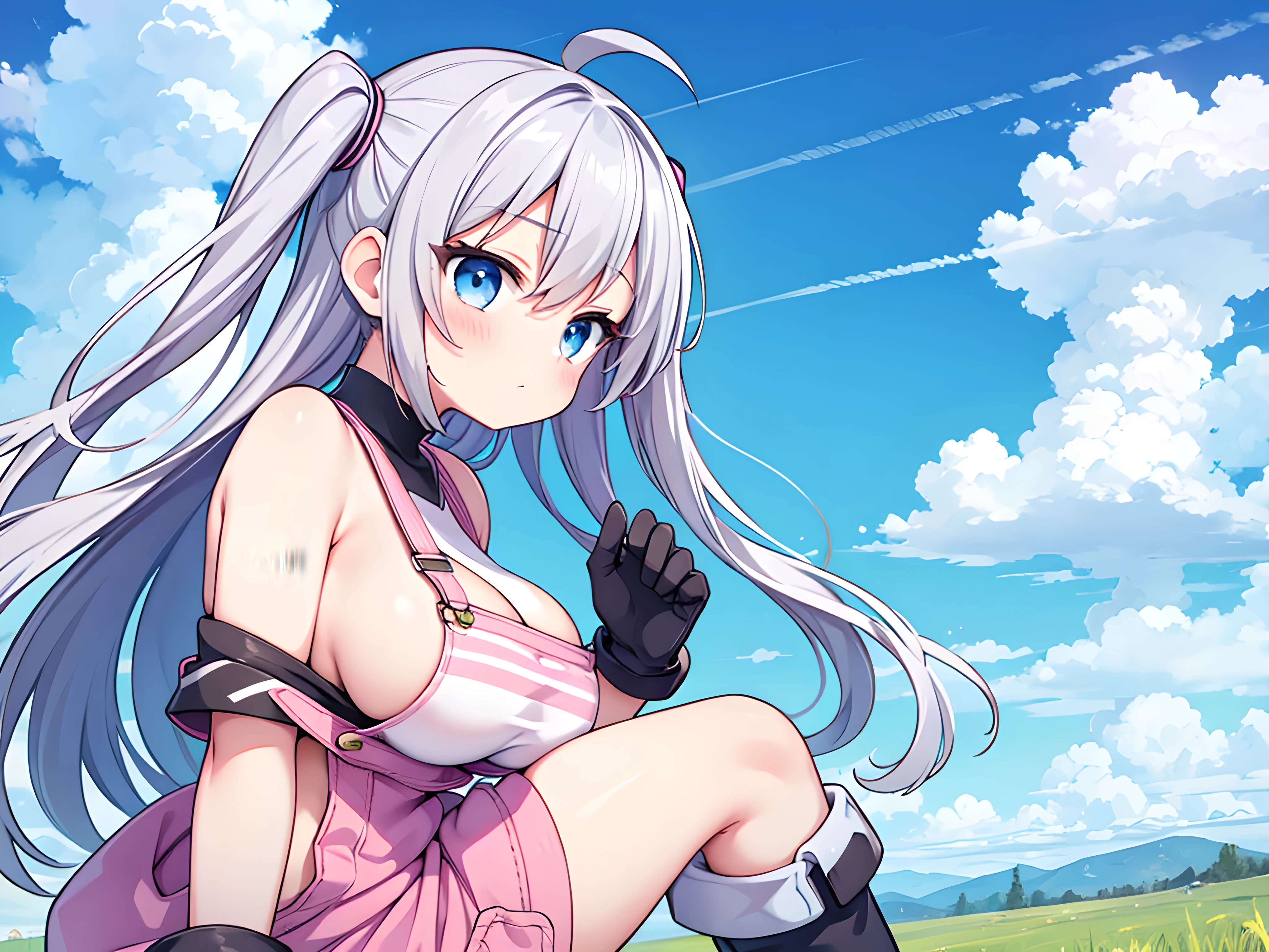 from side, profile, simple line art, very cute, kawaii, teenager,((large breast, sideboobs, bare waist)), nak-ed overalls, gloves, boots, grassland, sky