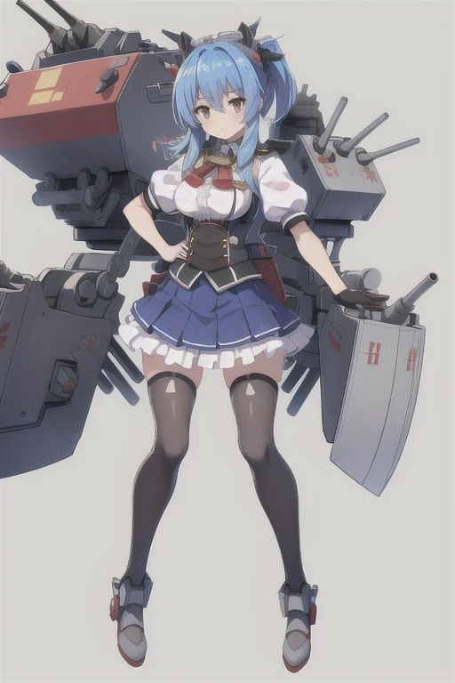 prinz eugen \(warship girls r\),((masterpiece)),(((best quality))),((ultra-detailed)),((illustration)),((disheveled hair)),((frills)),(1 girl),(solo),1girl, black legwear, blue hair, blue skirt, blush, breasts, broken, brown legwear, cannon, cleavage, damaged, fingerless gloves, gloves, long hair, looking at viewer, machinery, medium breasts, open mouth, pleated skirt, red eyes, rigging, shirt, shoes, short hair, short sleeves, skirt, solo, standing, tears, thighhighs, torn clothes, torn gloves, torn legwear, torn shirt, torn skirt, torn sleeves, turret