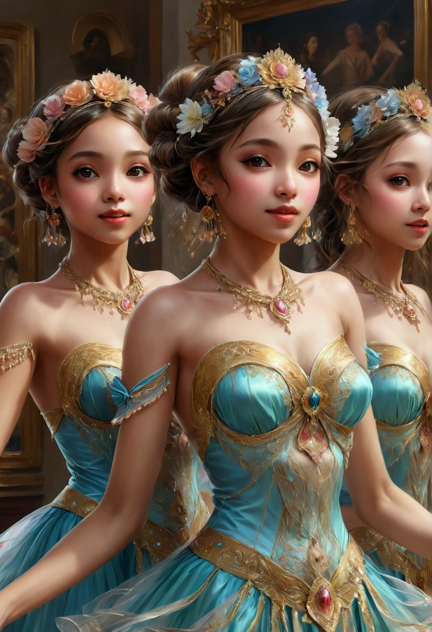 (dancing:1.5), 3girls, best quality, (masterpiece:1.2), high quality, Highres, (hyper detailed:1.2), (portrait), photorealistic, proper anatomy, detailed face and eyes, various races, different faces, various eyes,