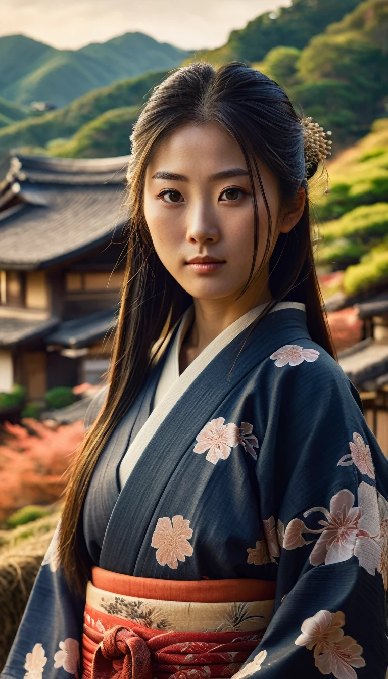 a Japanese girl in a small remote village in the hills, detailed face and eyes, long hair, traditional Japanese clothing, ambient lighting, warm color tones, detailed landscape, rolling hills, traditional Japanese architecture, intricate details, (best quality,4k,8k,highres,masterpiece:1.2),ultra-detailed,(realistic,photorealistic,photo-realistic:1.37),cinematic composition