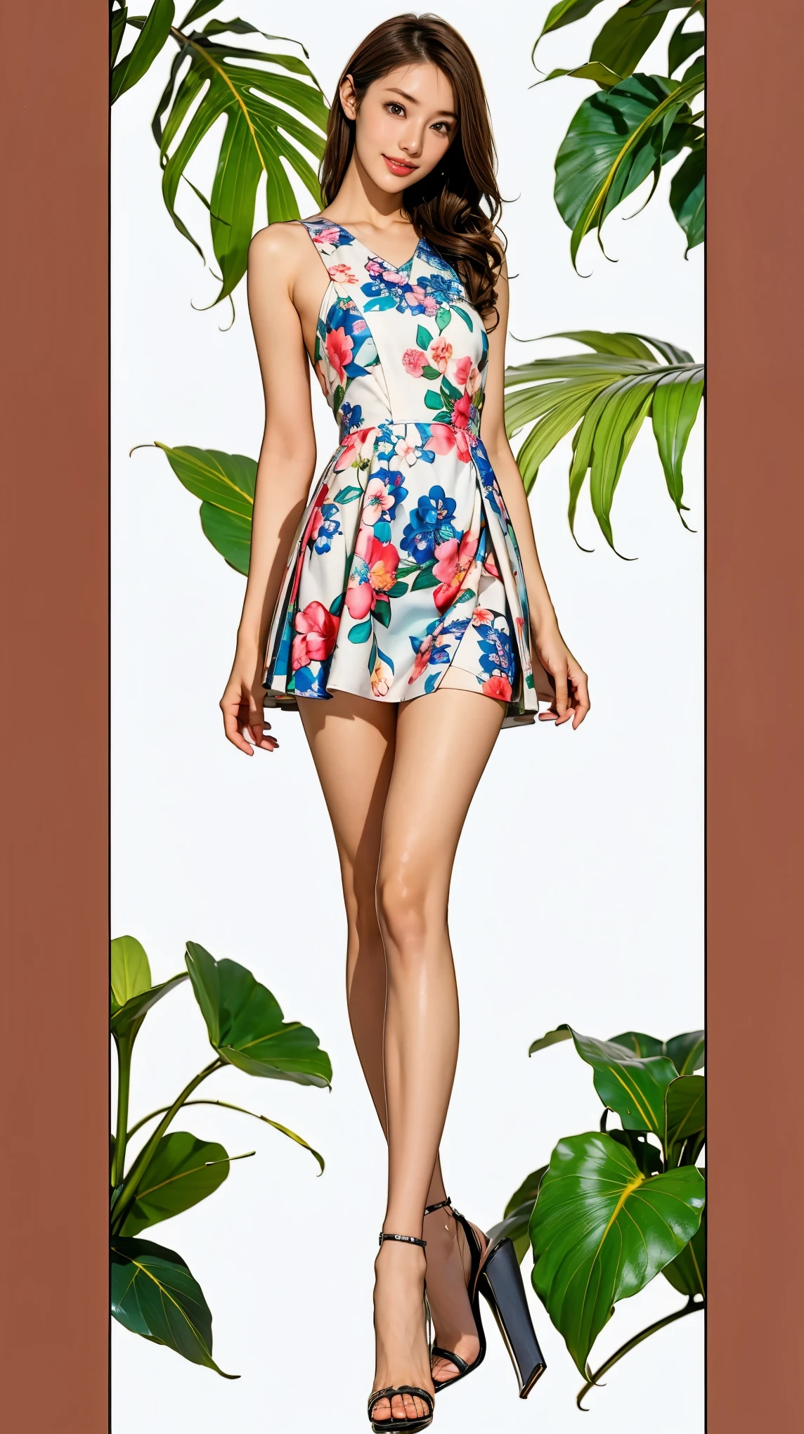 ((masterpiece)),(((Highest quality))),Character design sheet:1.5,Long legs,Slender figure:1.5,whole body:1.5,(One Girl:1.3),(Viewer Display:1.4),The best smile:1.5,(Pointy high heels:1.3),(Stand with legs apart:1.2),(Wearing a floral and plant print mini dress:1.2), Curly Hair:1.5,High waist:1.5,