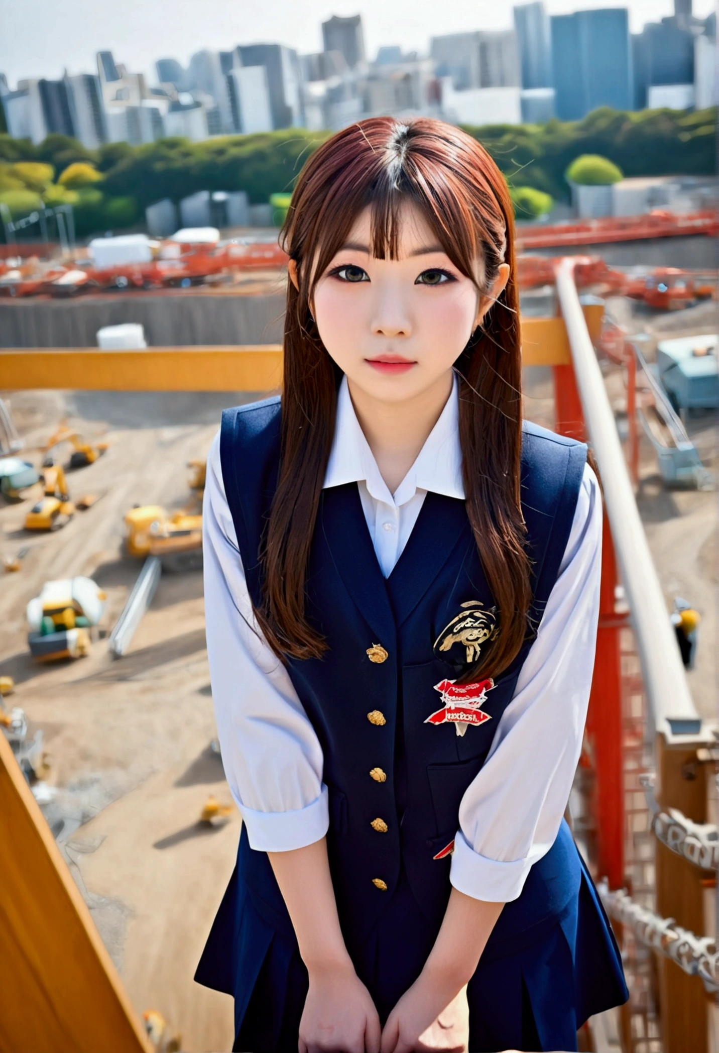 masterpiece, Bokeh, (Beautiful Face), (Detailed face), (Perfect hands:1.2), (Japanese Idols:1.6), (school uniform:1.3), ( Large bridge construction site:1.3), (Blushed:1.3), Working boots, (From below:1.5), 