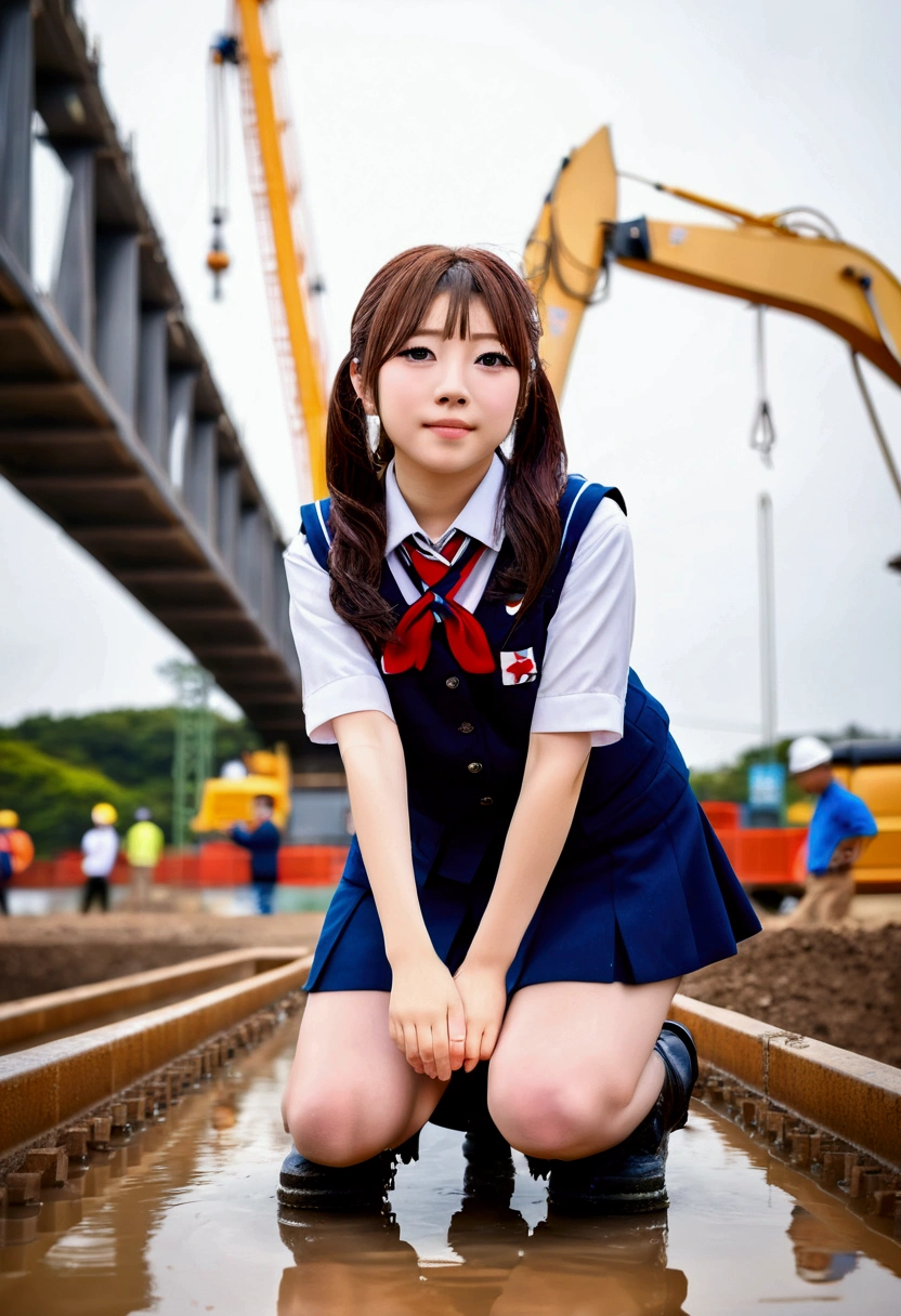masterpiece, Bokeh, (Beautiful Face), (Detailed face), (Perfect hands:1.2), (Japanese Idols:1.6), (school uniform:1.3), ( Large bridge construction site:1.3), (Blushed:1.3), Working boots, (From below:1.5),