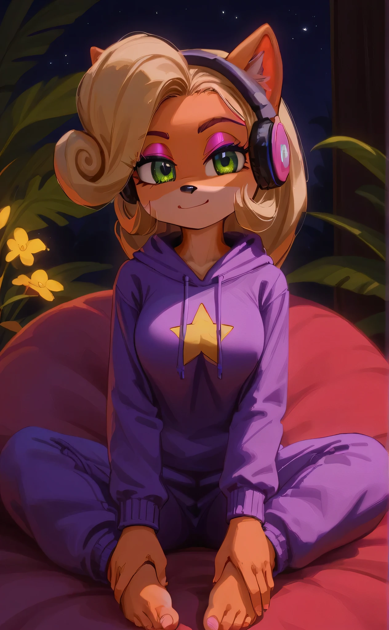 [Coco bandicoot], [Uploaded to e621.net; (Pixelsketcher), (wamudraws)], ((masterpiece)), ((HD)), ((high res)), ((solo portrait)), ((full body)), ((front view)), ((feet visible)), ((detailed fur)), ((detailed shading)), ((beautiful render art)), ((intricate details)), {(slim figure), (orange fur), (black nose), (cute green eyes), (short eyelashes), (pink eyeshadow), (long blonde curly hair), (curvy hips), (beautiful legs), (beautiful feet), (smug smirk)}, {(purple sweatshirt hoodie), (yellow star printed on shirt), (purple jogging sweatpants), (pink headphones)}, {(sitting on beanbag), (hands on feet), (looking at viewer)}, [ambient lighting, living room, tropical forest, nighttime]