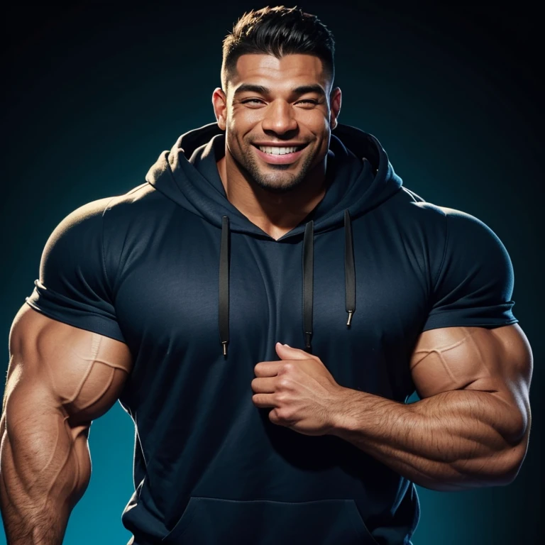 a smiling, massively muscular man with massively large muscles, on a black background, wearing a simple blue hoodie