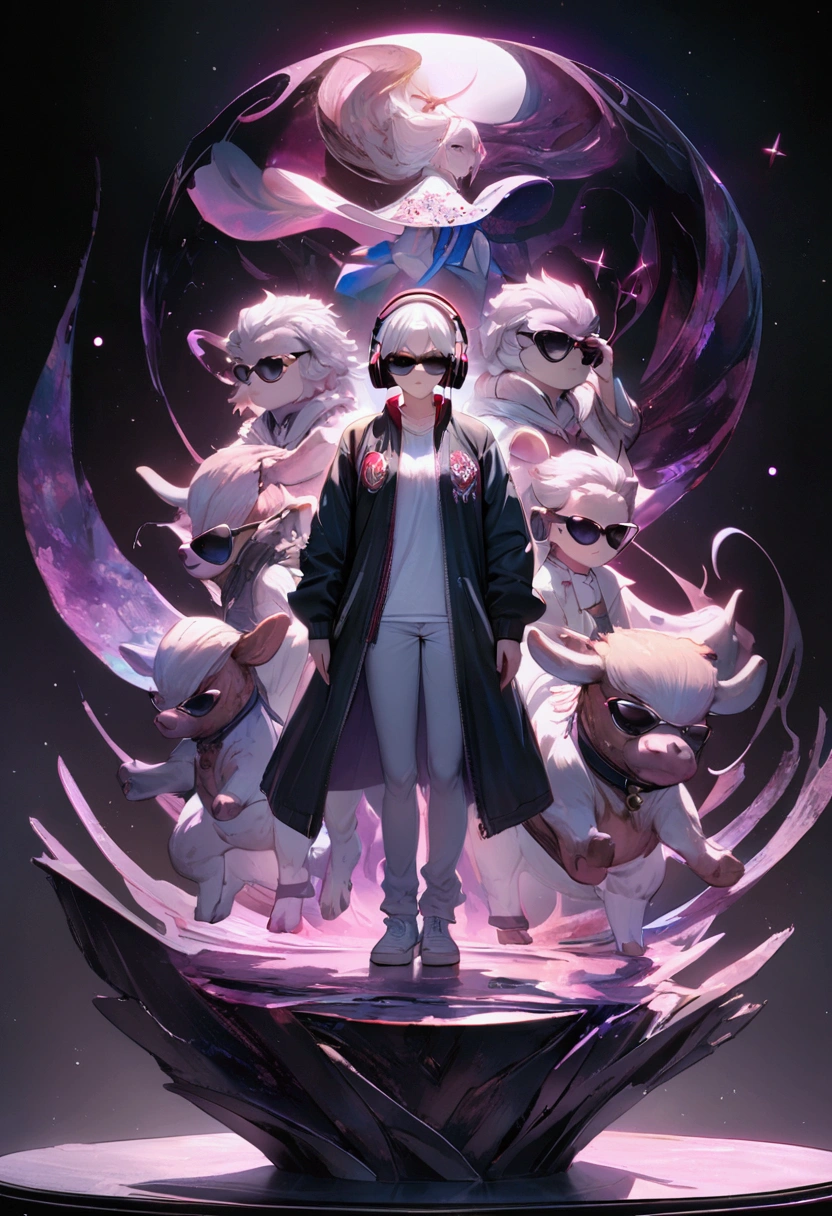 Perfect centering, Cute calf, Wear a student team jacket, Wear sunglasses, Wear headphones, Cheerfulness, Standing position, Abstract Beauty, In the center, Looking into the camera, To the camera, Approaching perfection, dynamic, Very detailed, soft, Sharp focus, 8k, High resolution, figure, The Art of Carne Griffith and Vadim Kashin, White Background