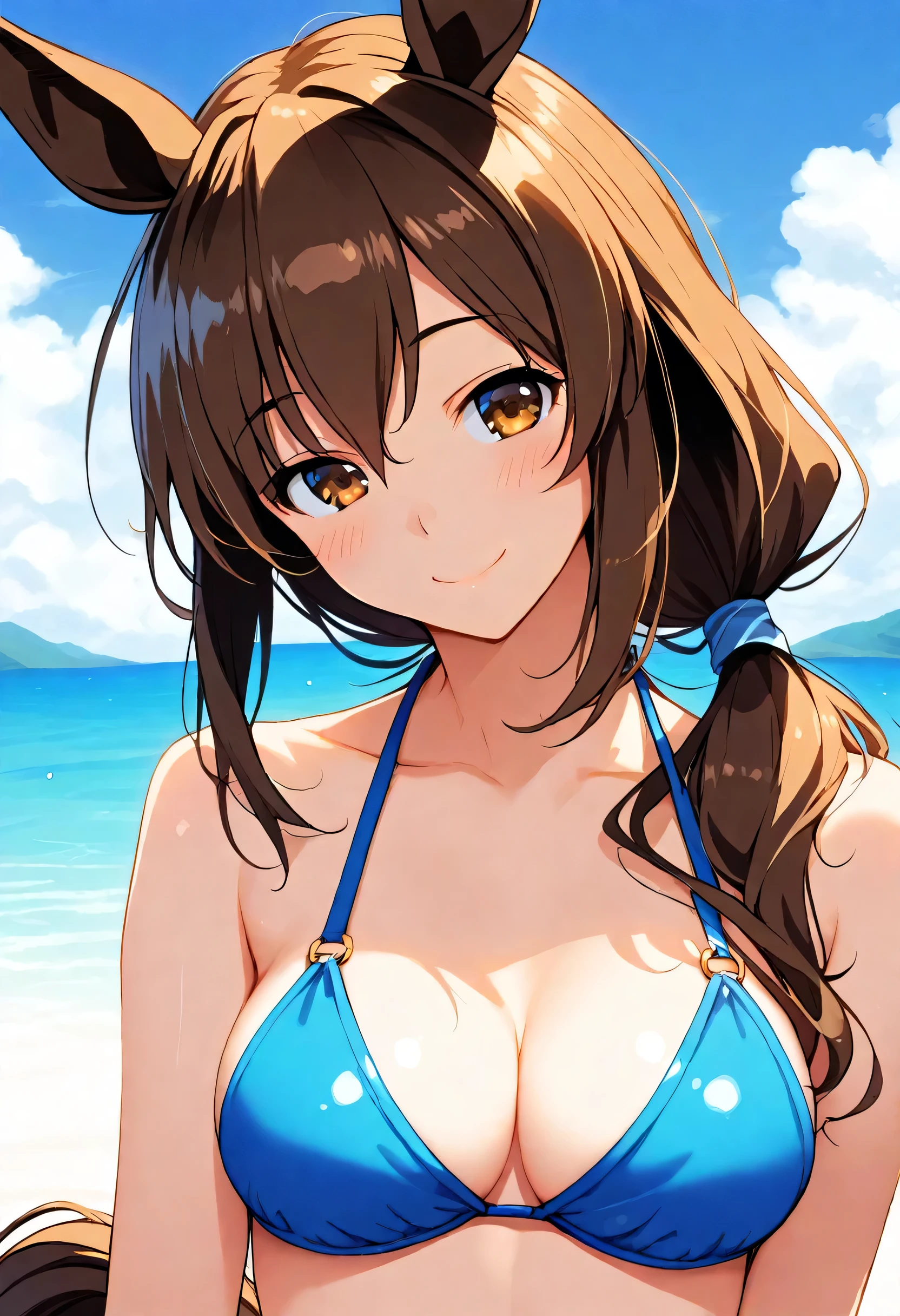 Long black hair, low ponytail, middle chest, ponytail, wearing a blue bikini, resting on the beach, back view, Uma Musume, Admire Vega (Uma Musume), beautiful back, horse ears, horse tail, beautiful hip line, 1 girl, Upper body portrait, brown hair, brown eyes, long ponytail, medium breasts, high school student, cleavage, smile, blush, shaking shoulder straps, beautiful hip line, beautiful breasts that are not large, normal breasts, bust 83, blue frill bikini