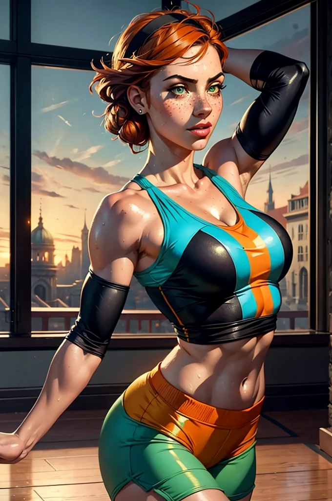 (dancing young girl, isabelmoner-smf, dora), ((((solo dancing shuffle))shoulder). dancing on parket (Hyper-realistic), Very short orange hair, Green eyes, freckles, white tanktop, Mini Shorts, Sport, sweaty, Average Breasts, earphones, aesthetics, Cinematic, Ambient light, Sampler: DPM++ 2S a Karras,SVG anti-aliasing, (oil painting:0.75), (headband:0.75),(teal:0.2),(Orange:0.2), (by Jeremy Mann:0.5), (by John Constable:0.1),(by El Greco:0.5),(acrylic paint:0.75), 8K