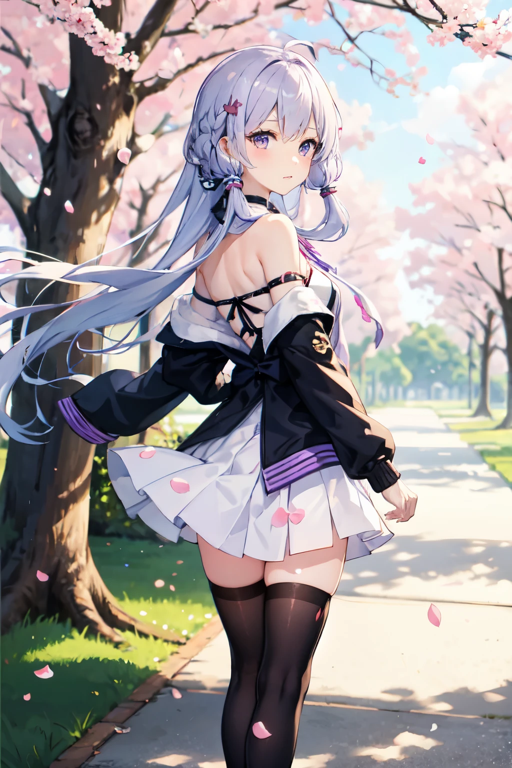 Shrinkage rate, Depth of written border, Highest quality, Yuitsuki Yukari, Long Hair, A lovely windy day, alone, View your viewers, Speckled sunlight,Cherry blossom petals, Standing position, look back, Shrinkage rate, Depth of written border, Highest quality, Yuitsuki Yukari, A lovely windy day, alone, Speckled sunlight,Cherry blossom petals, Standing position, look back, secretary, Purple-tinged hair, Small breasts, Not a good style, break,Ayukari,Ahoge,Long Hairの短い髪,hair ornaments,Purple Dress,Crisscross halter neck,Hooded jacket,Long sleeve, purple neckerchief,Grey Skirt,Black knee socks,boots, Chukari,Long Hairの短い髪,hair ornaments,Hair Clip,choker,Crisscross halter neck