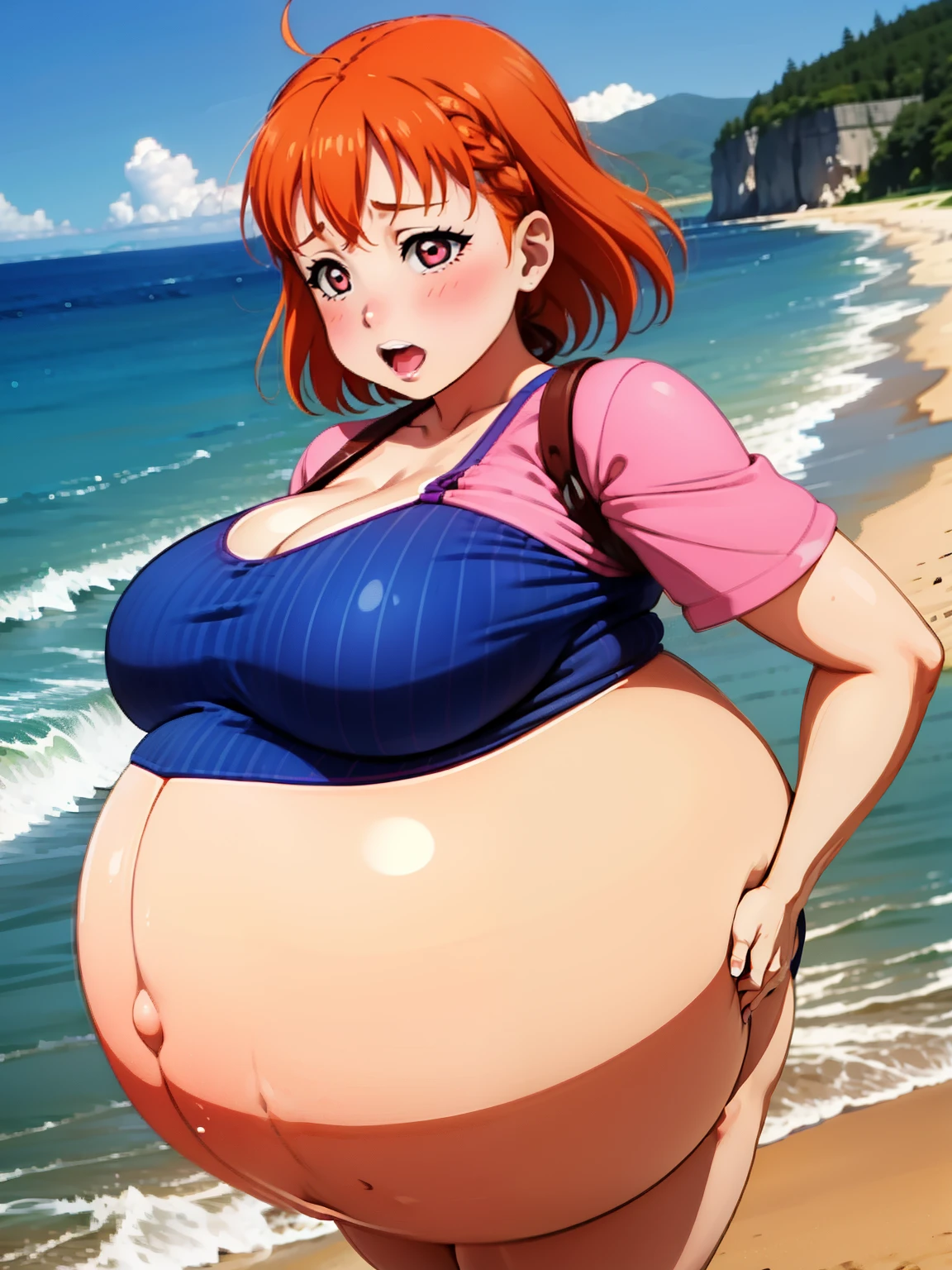 Orange  hair,Big  Bump pregnant, Japanese , Big , nipple, cum, Big Blue Balloons,16 yl, Big pregnant Belly, Big Pregnant girl, Largest Belly of Pregnant, Huge Pregnancy, background beach,Huge 9 months Pregnancy Belly,huge belly expansion, huge belly girl, pink eyes 