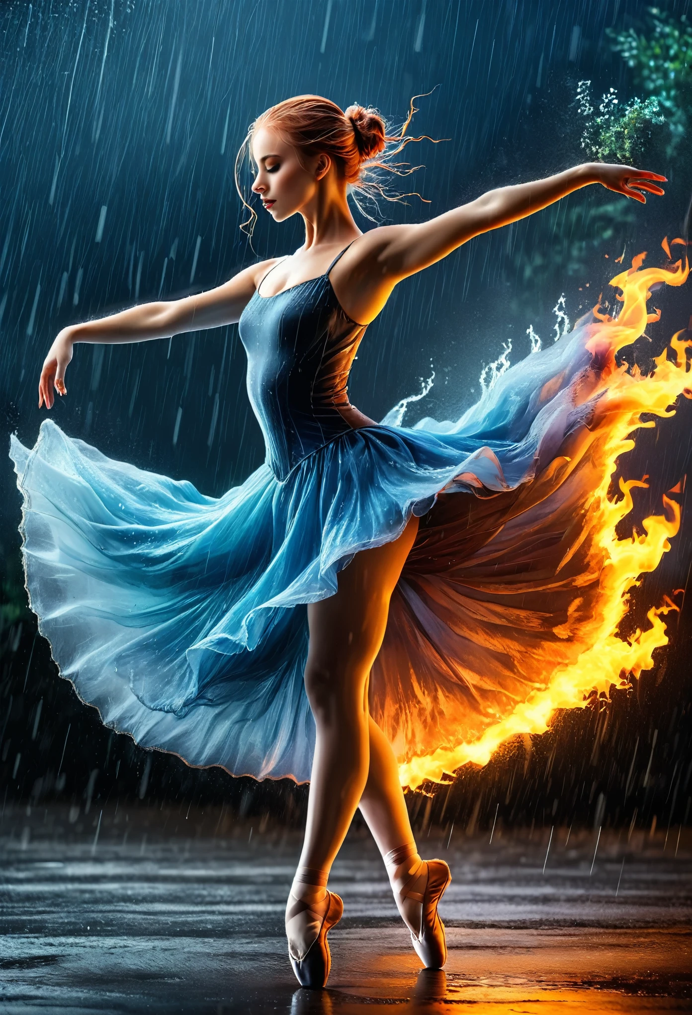 a portrait of female classical ballet prima ballerina dancing in the rain, a full body picture ((anatomically correct: 1.5)) of a exquisite beautiful female dancer wearing silk evening dress, intricate dress, (dress is on fire: 1.3), dynamic hair color, dynamic hair style, dynamic skin complexion, wearing ballet shoes, wearing thigh highs, ((she is standing in the middle of the rain storm: 1.5)),  she is wet, yet enjoys the dance in the rain, cloudy night, lightning storm, dynamic background, vibrant, Ultra-high resolution, High Contrast, (masterpiece:1.5), highest quality, Best aesthetics), best details, best quality, highres, 16k, (ultra detailed: 1.5), masterpiece, best quality, (extremely detailed) RAW, (ultra details, Masterpiece, best quality), Cinematic Hollywood Film, artxldnc, 