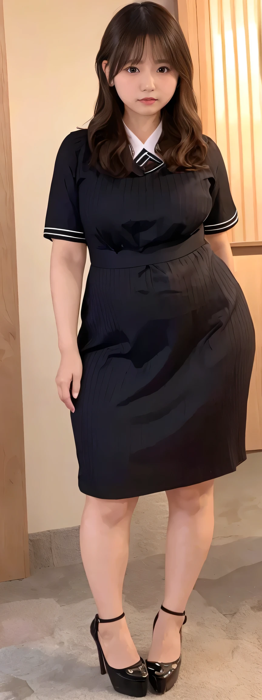 Japanese maid, Mature Woman, ((A little chubby, Round face, 43 years old)), Wavy black hair with no bangs, Long Hair, Twin ponytail, Flashy makeup, Fuller lips, Sexy Gaze, uniform, ((dressing)), Looking into the camera, Low angle shooting, Cute duck mouth,((Extremely precise and accurate anatomy)), (masterpiece:1.43), Perfect Proportions, Realistic photos, Full Shot, whole body, (height: 146cm), High heels Has two legs,Has two arms、Has two legs, You need two arms))