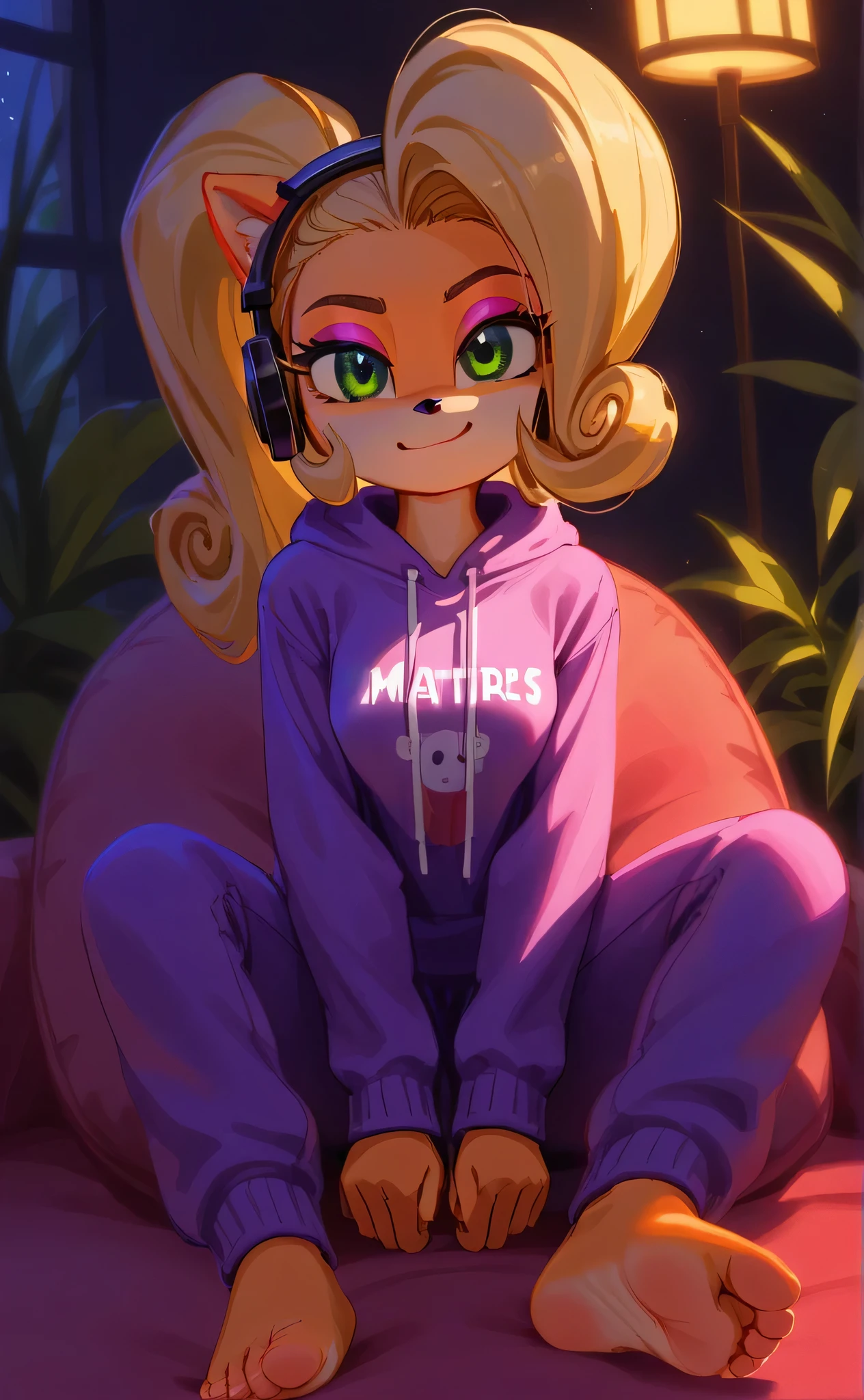 [Coco bandicoot], [Uploaded to e621.net; (Pixelsketcher), (wamudraws)], ((masterpiece)), ((HD)), ((high res)), ((solo portrait)), ((full body)), ((front view)), ((feet visible)), ((detailed fur)), ((detailed shading)), ((beautiful render art)), ((intricate details)), {(slim figure), (orange fur), (black nose), (cute green eyes), (short eyelashes), (pink eyeshadow), (long blonde curly hair), (curvy hips), (beautiful legs), (beautiful feet), (smug smirk)}, {(purple sweatshirt hoodie), (yellow star printed on shirt), (purple jogging sweatpants), (pink headphones)}, {(sitting on beanbag), (looking at viewer)}, [ambient lighting, living room, tropical forest, nighttime]