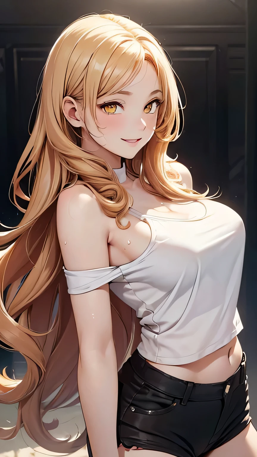 Highest quality, Soft Light, Ultra-high resolution,young woman, alone, sexy, (An inviting smile), (Pale yellow eyes), Beautiful face in every detail,(High resolution detail of human skin texture), (Red curly medium length hair), Black off-the-shoulder shirt,Black shorts,Lean forward and look at the viewer,（Sweat:1.3）