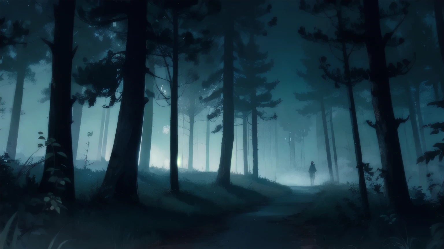 Dark forest, night, fog