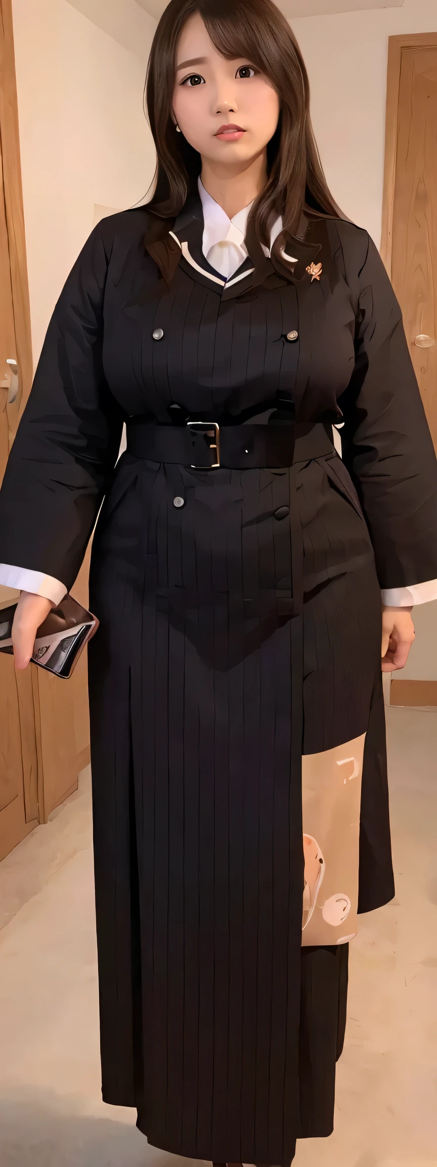 Japanese maid, Mature Woman, ((A little chubby, Round face, 43 years old)), Wavy black hair with no bangs, Long Hair, Twin ponytail, Flashy makeup, Fuller lips, Sexy Gaze, uniform, ((dressing)), Looking into the camera, Low angle shooting, Cute duck mouth,((Extremely precise and accurate anatomy)), (masterpiece:1.43), Perfect Proportions, Realistic photos, Full Shot, whole body, (height: 146cm), High heels Has two legs,Has two arms、Has two legs, You need two arms))
