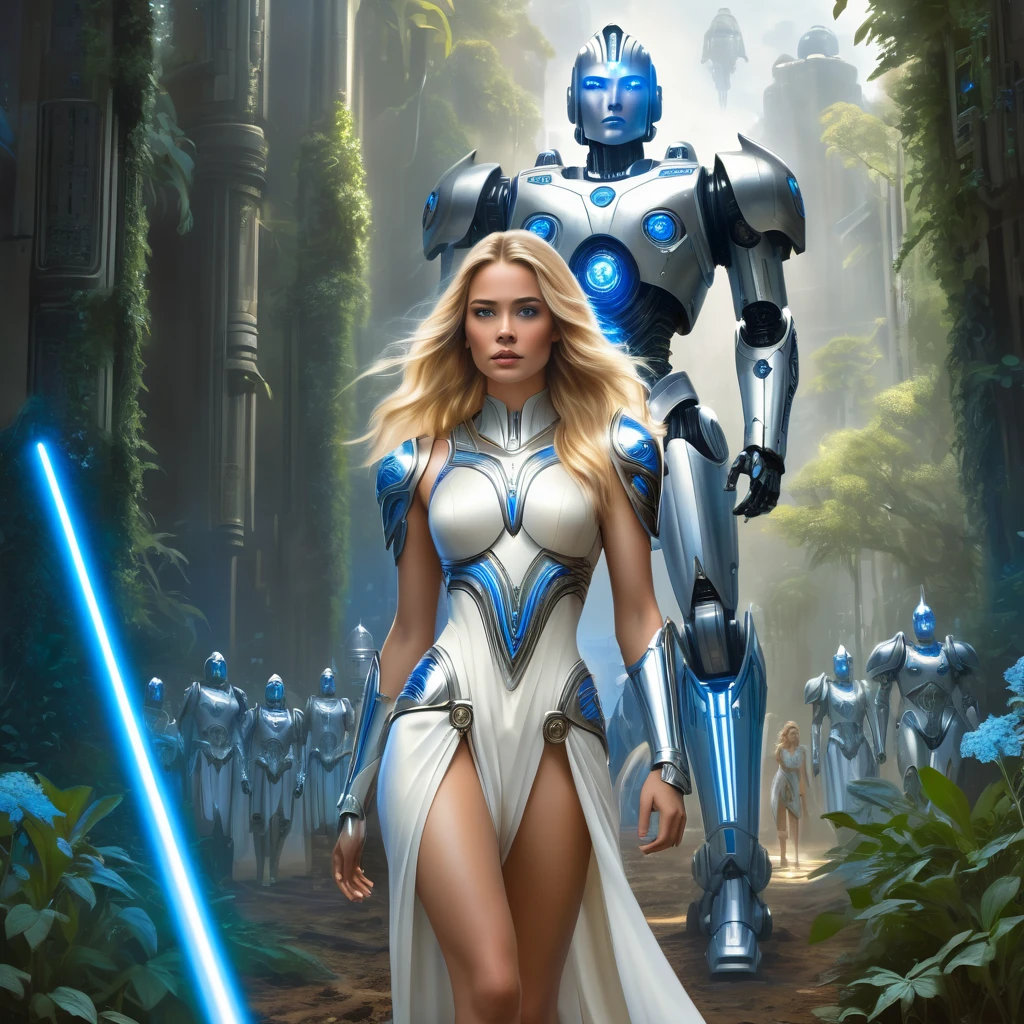 A woman with long, flowing blonde hair walks confidently towards a group of towering robots. She wears silver armor and a short white dress, her hand resting on the hilt of a glowing blue lightsaber. The robots, massive and imposing with intricate details, loom in the background, their lights casting an eerie glow on the scene. The ground is overgrown, with white flowers blooming through the cracks, hinting at a world reclaiming itself after conflict.