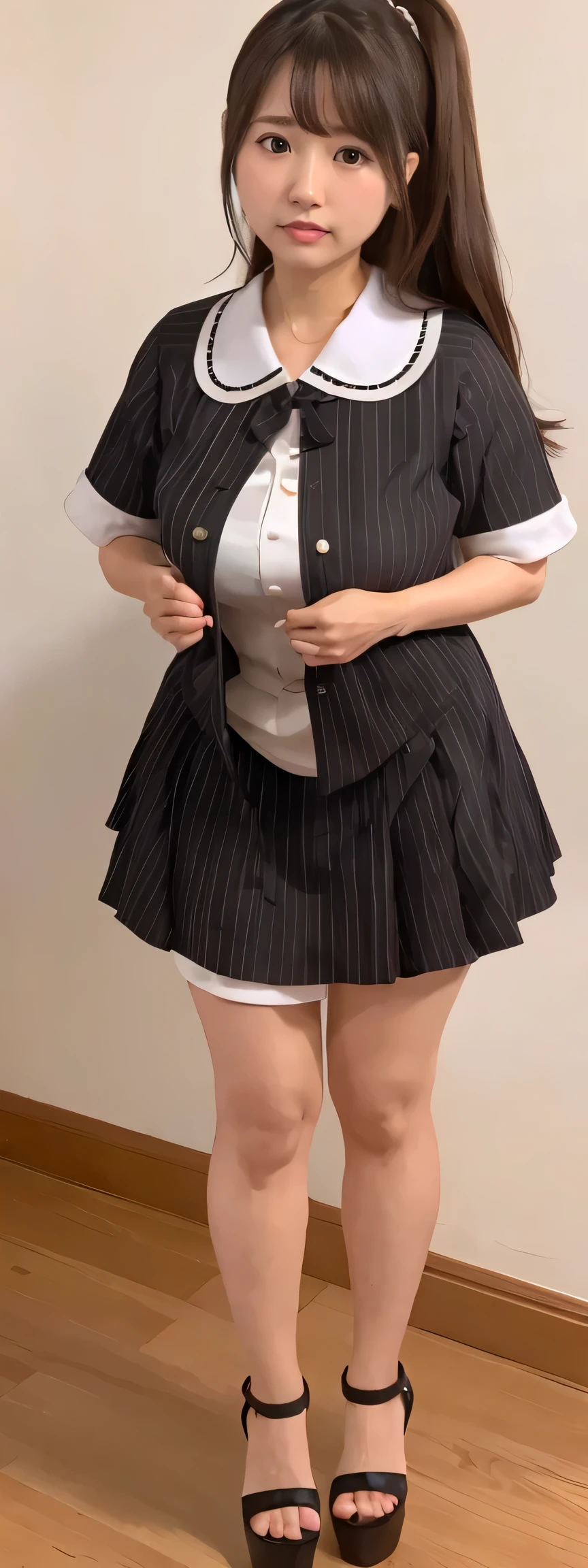 Japanese maid, Mature Woman, ((A little chubby, Round face, 43 years old)), Wavy black hair with no bangs, Long Hair, Twin ponytail, Flashy makeup, Fuller lips, Sexy Gaze, uniform, ((dressing)), Looking into the camera, Low angle shooting, Cute duck mouth,((Extremely precise and accurate anatomy)), (masterpiece:1.43), Perfect Proportions, Realistic photos, Full Shot, whole body, (height: 146cm), High heels Has two legs,Has two arms、Has two legs, You need two arms))