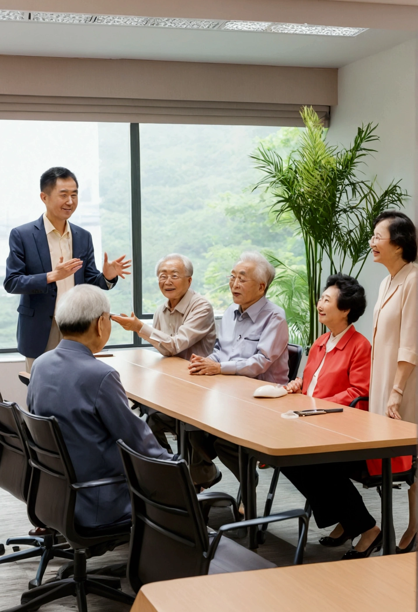 Five elderly men and one elderly woman are receiving training in a conference room。Everyone is dressed casually。