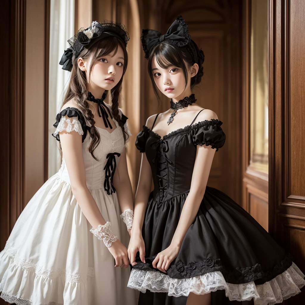 Gothic horror paintings,((Two beautiful girls standing:Symmetric:Gothic Lolita:12 years old:Ephemeral:((Two beautiful girls)):cute:Adorable:Perfect Face:white:eyelash:Big eyes,Smooth Skin)),Gothic House,Recall,white黒,scary but beautiful,Gothic Beauty,Expressing beautiful madness,Shrouded in mystery,美しいGothic Houseに惨劇を予感させる暗雲を配置する,,detailed,Use red as an accent color,Race,embroidery,detailedなパターン,rendering,Designer House,High-end residential,Nice,quiet,Beautiful light and shadow,Gothic Room,Golden Ratio,Anatomically correct,Rococo,break,(The Girl on the Right(Black Dress)Gothic Lolita),break,(The Girl on the Left(white Dress)Gothic Lolita),break,embroidery,detailedなパターン,rendering,Zentangle Elements,Beautiful Gothic Horror,masterpiece,最高masterpiece