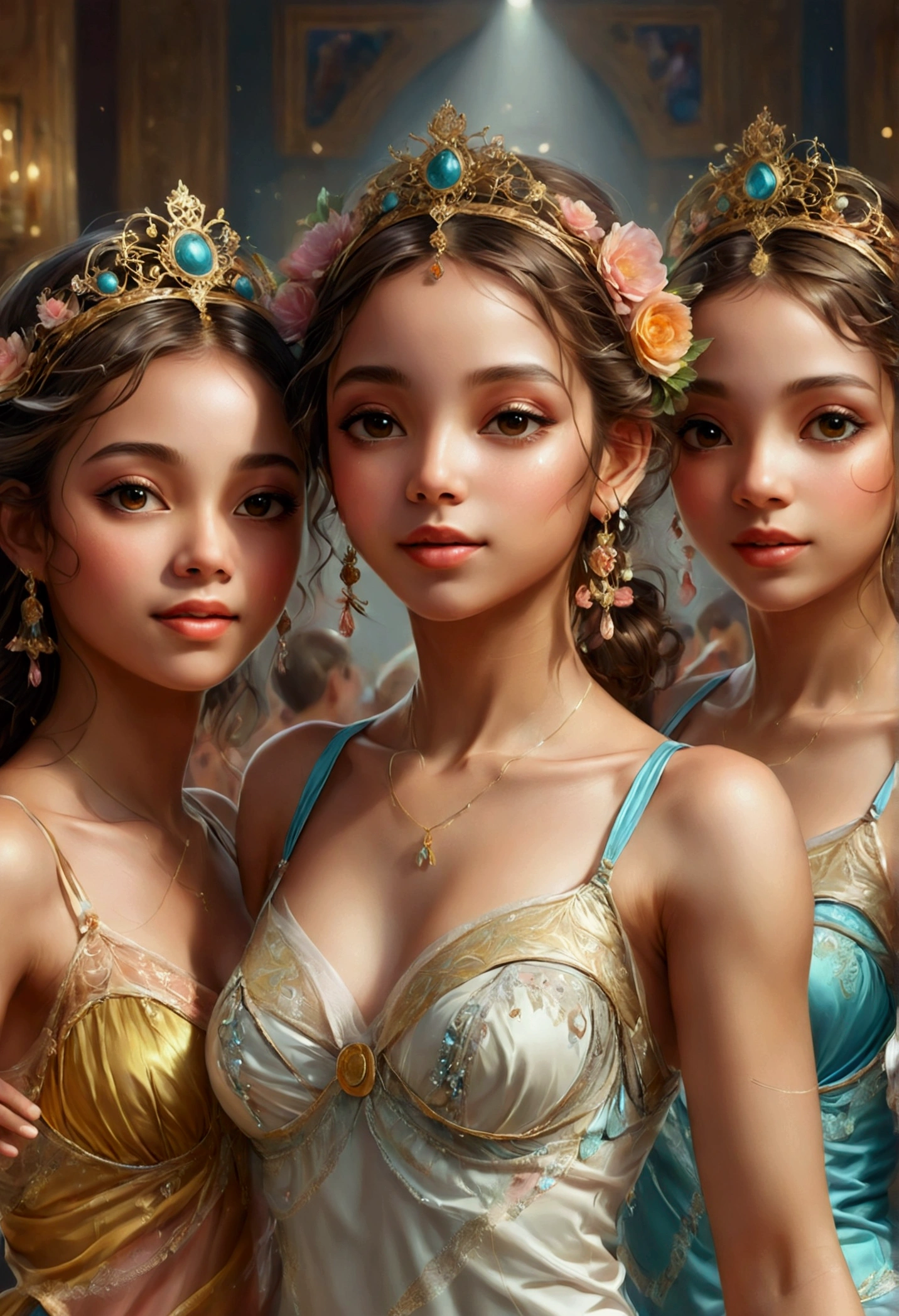 (dancing:1.5), 3girls, best quality, (masterpiece:1.2), high quality, Highres, (hyper detailed:1.2), (portrait), photorealistic, proper anatomy, detailed face and eyes, various races, different faces, various eyes,