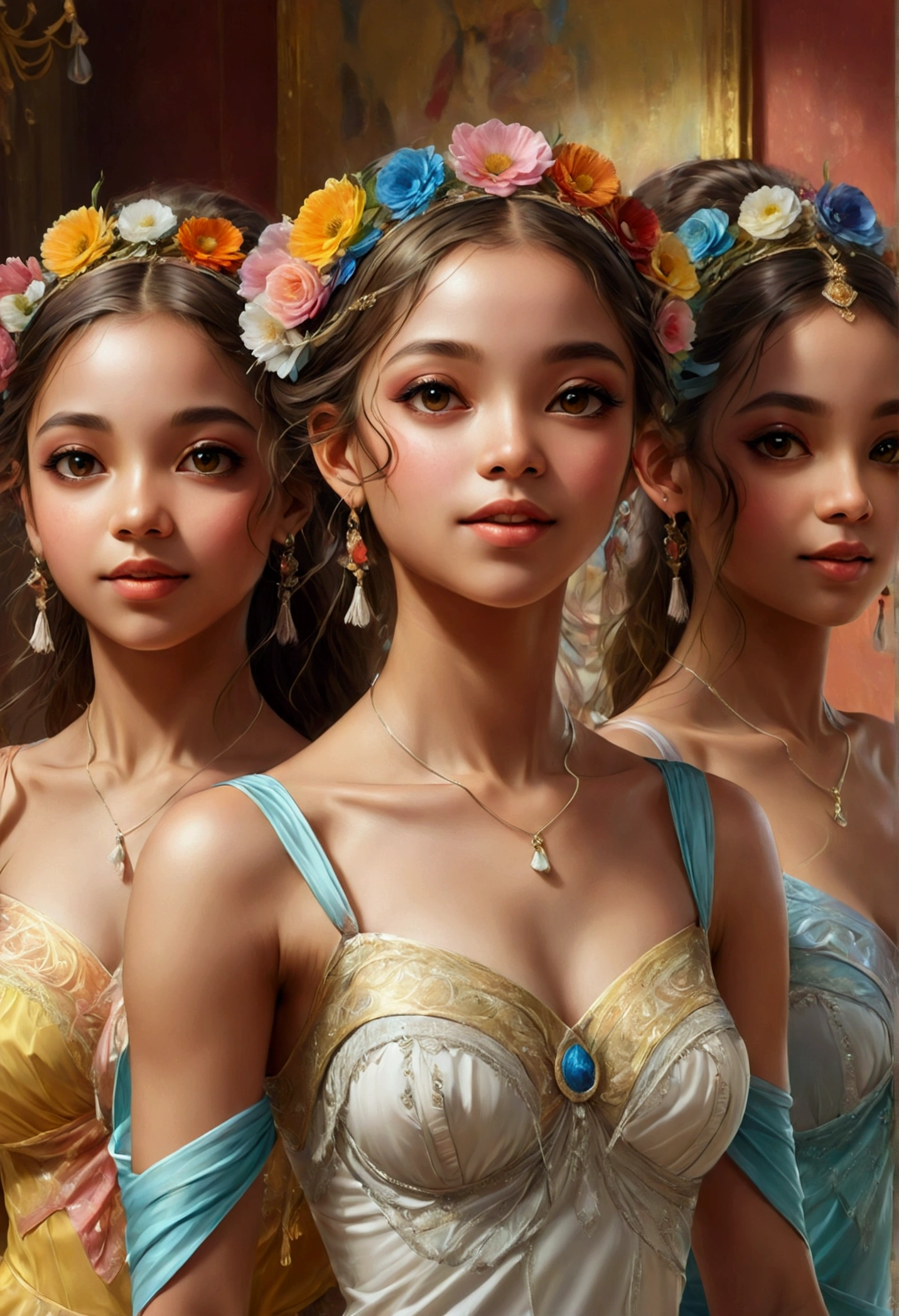 (dancing:1.5), 3girls, best quality, (masterpiece:1.2), high quality, Highres, (hyper detailed:1.2), (portrait), photorealistic, proper anatomy, detailed face and eyes, various races, different faces, various eyes,