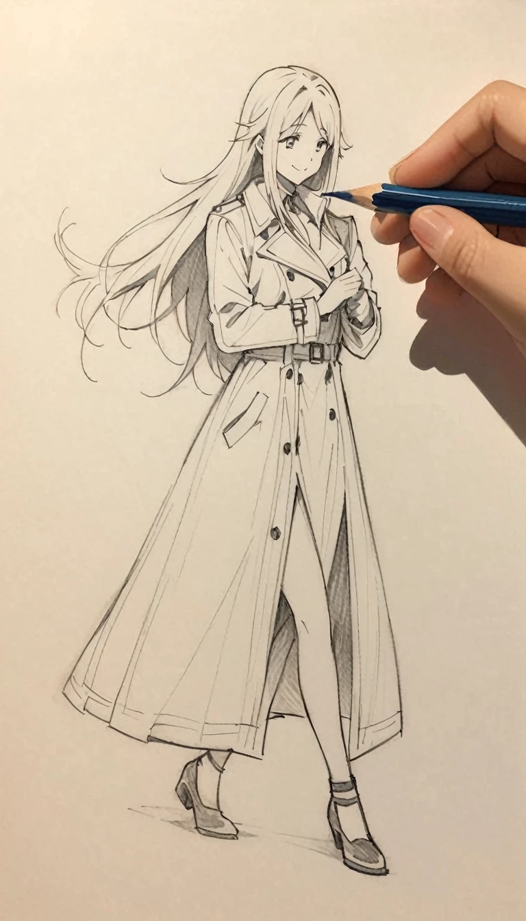1 ,Line drawing,monochrome,（sketch:1.5、pattern、pencil drawing:1.5、board:1.5）,board，traditional media, whole body,dancing,Cold Background ,(Gothic style，Wear a large trench coat） ,Smile，Long hair，Clothing Model,Someone took a photo of her