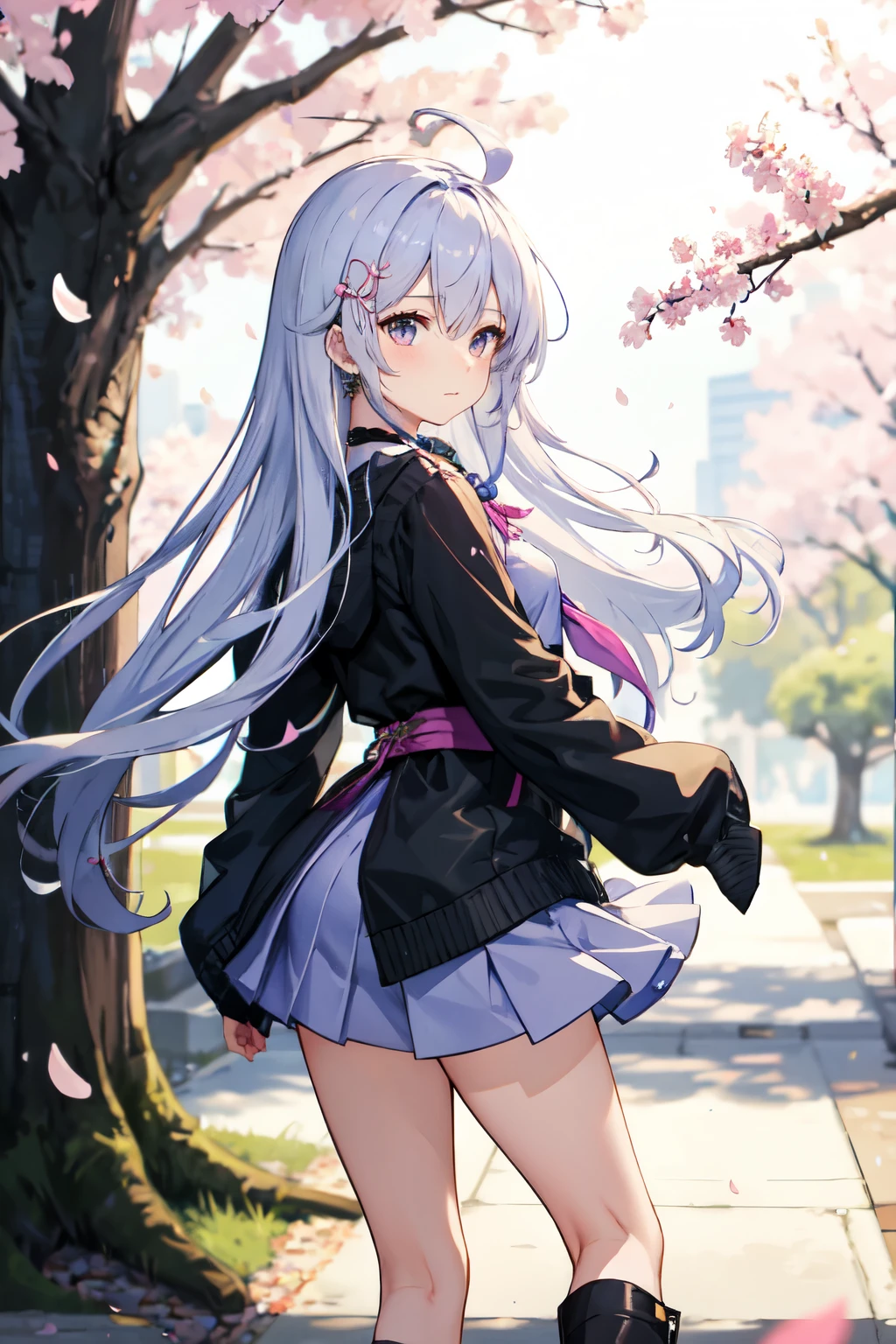Shrinkage rate, Depth of written border, Highest quality,, Long Hair, A lovely windy day, alone, View your viewers, Speckled sunlight,Cherry blossom petals, Standing position, look back, Shrinkage rate, Depth of written border, Highest quality, A lovely windy day, alone, Speckled sunlight,Cherry blossom petals, Standing position, look back, secretary, Purple-tinged hair, Small breasts, Not a good style, break,Ayukari,Ahoge,Long Hairの短い髪,hair ornaments,Purple Dress,Crisscross halter neck,Hooded jacket,Long sleeve, purple neckerchief,Grey Skirt,Black knee socks,boots, Chukari,Long Hairの短い髪,hair ornaments,Hair Clip,choker,Crisscross halter neck