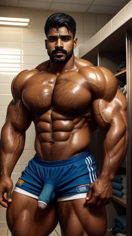 25 years old indian mustache mascular dark skin jaat with wetty body water drops dripping from body and hair with seductive face expressions, head to thighs view, indian captivating large eyes, large lips, volumeric light, wearing team rugby uniform, muscular chest, long legs, left neck look, neck tribal tattoo, Wide shoulders, nice detailed hands, taking bath in shower in locker room background, sunny day, daylight, His perfect( big huge penis) is (coming out) of his pant,masterpieces
