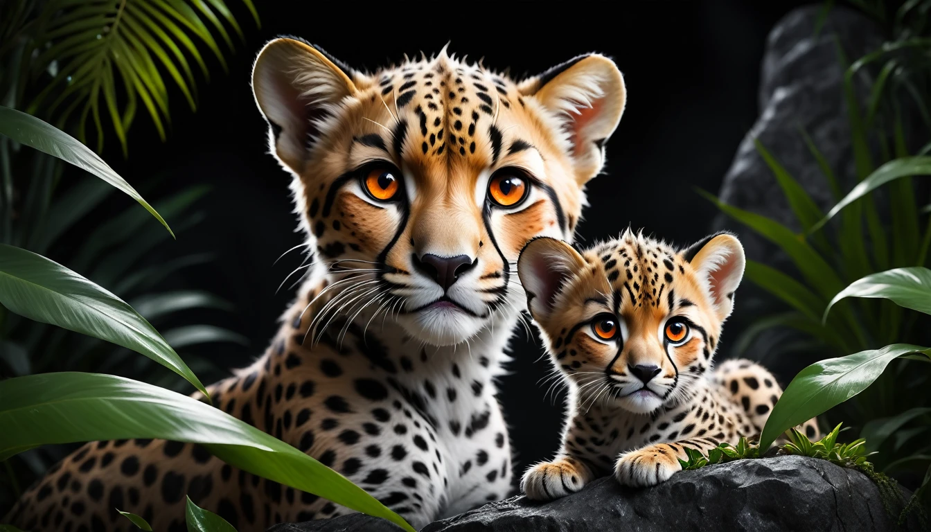 Lush plants,1 cheetah and cub on a rock in the jungle, Deep orange eyes, black and white, black background, (best quality,4K,8K,high resolution,masterpiece:1.2),Extremely detailed,(Practical,photoPractical,photo-Practical:1.37),Highly detailed animal portraits, Dramatic Lighting, Powerful predator, Intense expression, Fascinating eyes, Smooth spotted fur, muscular, Low angle shot, Close-up view, Minimalist composition, High contrast water drops on leaves