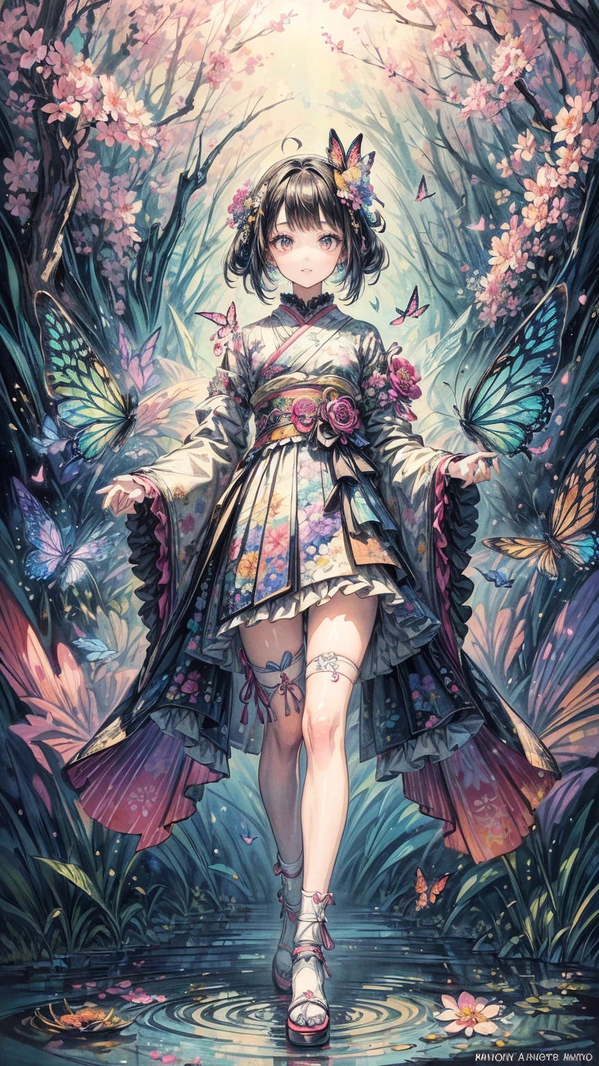 (masterpiece:1.1), (highest quality:1.1), (HDR:1.0), ambient light, ultra-high quality,( ultra detailed original illustration), (1girl, full body), ((harajuku fashion)), ((flowers with human eyes, flower eyes)), double exposure, fusion of fluid abstract art, glitch, (original illustration composition), (fusion of limited color, maximalism artstyle, geometric artstyle, butterflies, junk art)