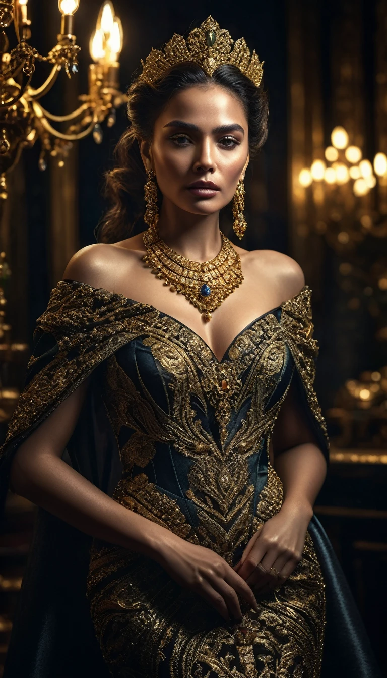 a rich greedy woman, beautiful elegant woman with a greedy expression, intricate detailed dress, luxurious jewelry, opulent gold and jewel accents, intense dramatic lighting, cinematic composition, dark moody color palette, chiaroscuro lighting, (best quality,4k,8k,highres,masterpiece:1.2),ultra-detailed,(realistic,photorealistic,photo-realistic:1.37)