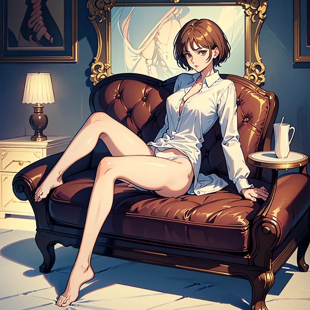 masterpiece,(Perfect Anatomy:1.5), pov , highest quality, (a lady:1.5), slender, leggy, Seductive, short hair, brown hair, (wear a white long sleeved shirt:1.5), white bikini panties , Perfect hands, Perfect body, reclining, lying on a sofa, throw her legs over the sofa, leg up , shirt lift, (barefoot), looking away, ((Exquisite detail)), Very finely crafted fingers(((10 fingers))), (((two legs))), (full body showcase), (Show your whole body), (no background), (No logo) , high resolution, see her private part , telephoto lens, parted lips,