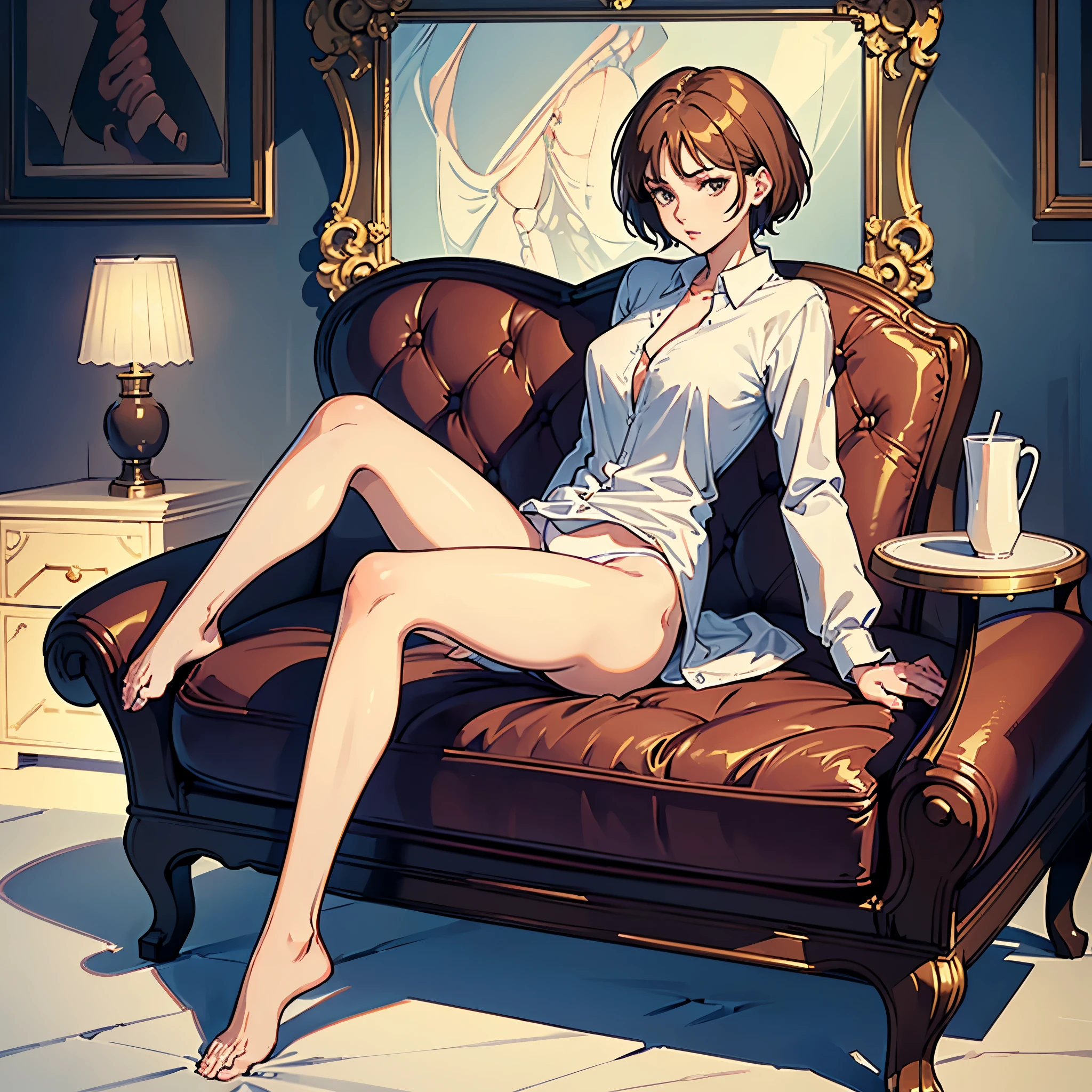 masterpiece,(Perfect Anatomy:1.5), pov , highest quality, (a lady:1.5), slender, leggy, Seductive, short hair, brown hair, (wear a white long sleeved shirt:1.5), white bikini panties , Perfect hands, Perfect body, reclining, lying on a sofa, throw her legs over the sofa, leg up , shirt lift, (barefoot), looking away, ((Exquisite detail)), Very finely crafted fingers(((10 fingers))), (((two legs))), (full body showcase), (Show your whole body), (no background), (No logo) , high resolution, see her private part , telephoto lens, parted lips,