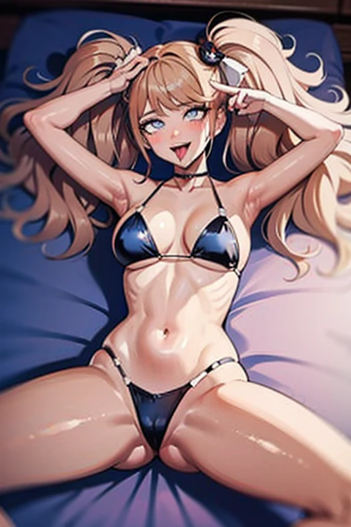 hot seductive mature woman, junko enoshima, slight tan, curvy body, big breasts, smooth skin, fluffy pigtails, pinkish blonde hair, choker, completely black bikini, blushing a lot on cheeks and nose, lying in bed, messy hair, sharp blue eyes, beautiful face, safe for work, smooth skin, legs closeup, view from above, white bed, showing armpits, tongue out, open legs, gripping the sheets