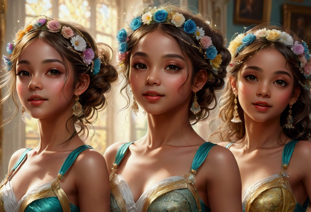 (dancing:1.5), 3girls, best quality, (masterpiece:1.2), high quality, Highres, (hyper detailed:1.2), (portrait), photorealistic, proper anatomy, detailed face and eyes, various races, different faces, various eyes,