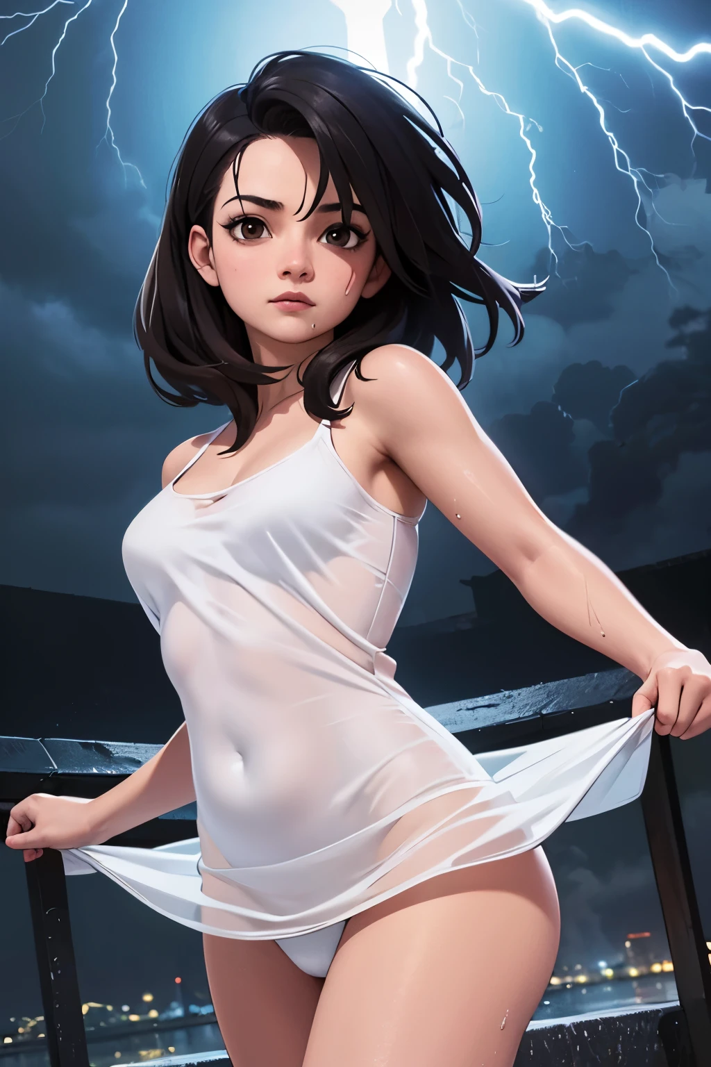 Viewer's perspective, highest quality, highest resolution, detailed depiction, delicate depiction, diverse lighting, masterpiece, ultra-high resolution, photorealistic, highest quality, 8K, perfect, storm, windstorm, typhoon, white thin dress, steamy, wet, see-through, white underwear, black medium hair, brown eyes, facial details, gentle expression