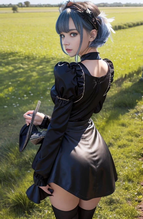 masterpiece, Top quality, High Resolution, HM2B, Blue eyes, Rem, blue short hair, Occasional hair ornaments, Clothes clippings, Long sleeves, Puff sleeves, Juliet sleeves, Feather ornaments, Black thighs, Black gloves, Black dress, Black skirt, Outdoors, Grass, Building, Ruins, Field, Back, Showing ass, Black panties, Cowboy shot,