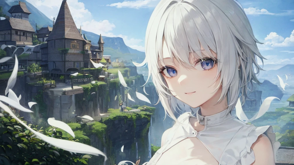 Ultra HD,Look at the viewers, Put your hands behind your back, With a girl, 20-year-old, 非常にShort Hair, Long bangs between the eyes, Pale blue eyes, Very detailed,(masterpiece、Highest quality),Gray Hair、Laughter、Fantastic, Silver Hair, Iris, Short hair、 Fluttering Hair、Small Face、明るいsmile、(Detailed face) ,Professional Lighting,Wonderful landscape,blue sky, sunlight,Looking down from above,Portraiture、Open your mouth、Flower Field、Her eyes were shining、Mysterious and enchanting atmosphere。With AI Painting、とてもShort Hair, Long bangs between the eyes, Very detailed,(masterpiece、Highest quality)、alone、Gray Hair、Fantasy, Silver Hair, Fantasyな風景、smile、Open your mouth、short hair、Short Hair、hairpin、black eye、Grey Eyes、Beautiful Eyes、Black Shirt、White hoodie