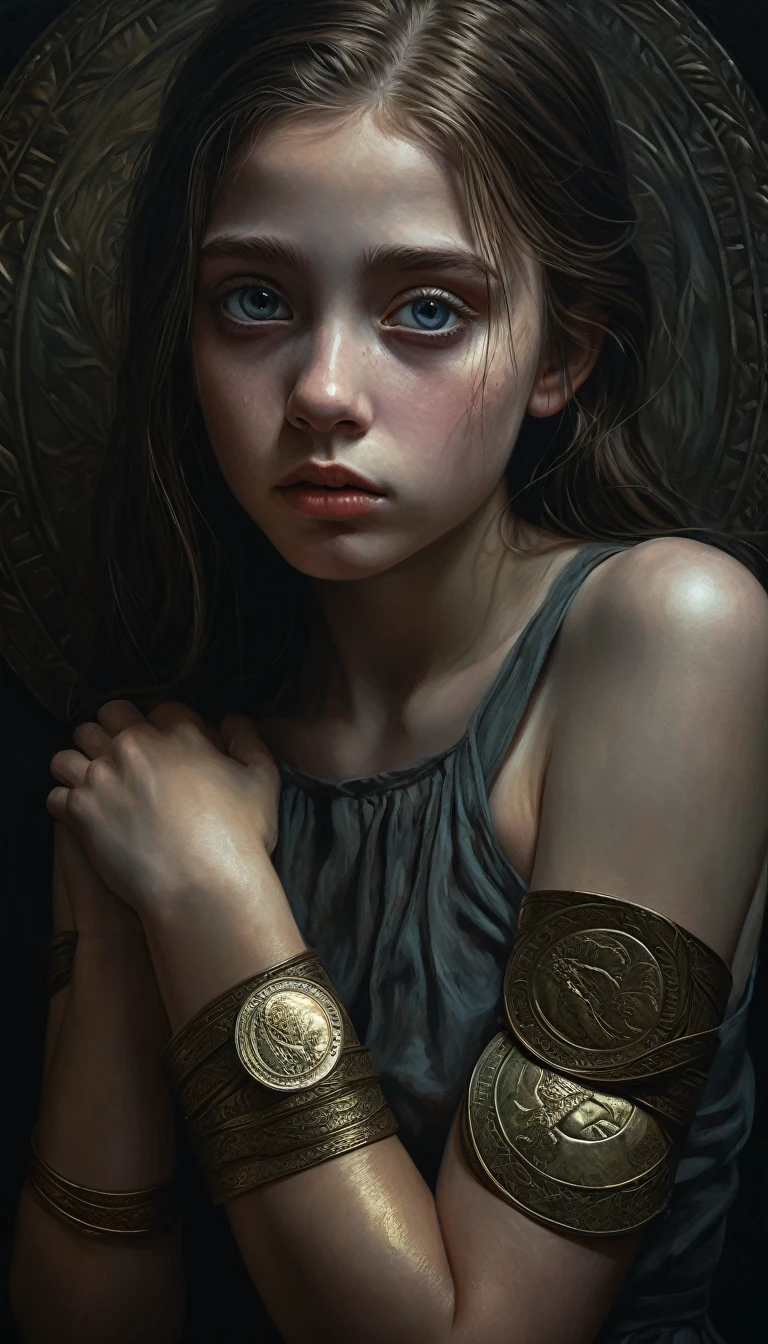 a girl, her arms elongated, eyes appearing all over her skin, each representing a stolen coin, dark surreal fantasy, highly detailed, hyperrealistic, cinematic lighting, dramatic chiaroscuro, muted color palette, moody atmosphere, oil painting, digital art, intricate details, award winning
