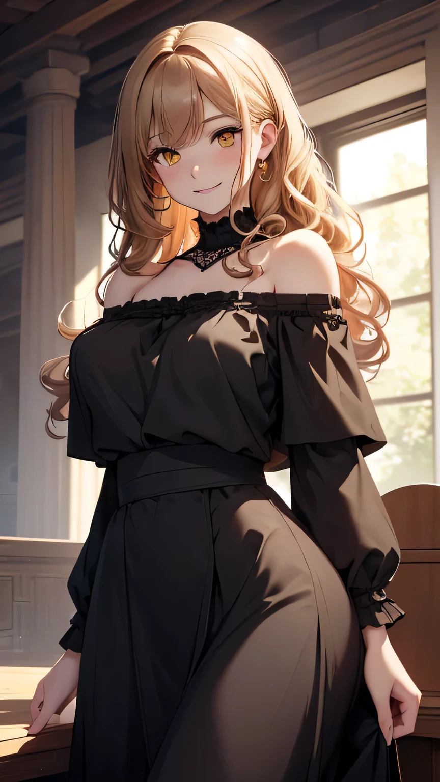 Highest quality, Soft Light, Ultra-high resolution,young woman, alone, sexy, (An inviting smile), (Pale yellow eyes), Beautiful face in every detail,(High resolution detail of human skin texture), (Red curly medium length hair), Black off-the-shoulder shirt,Long skirt in black lace,Lean forward and look at the viewer,（Sweat:1.3）