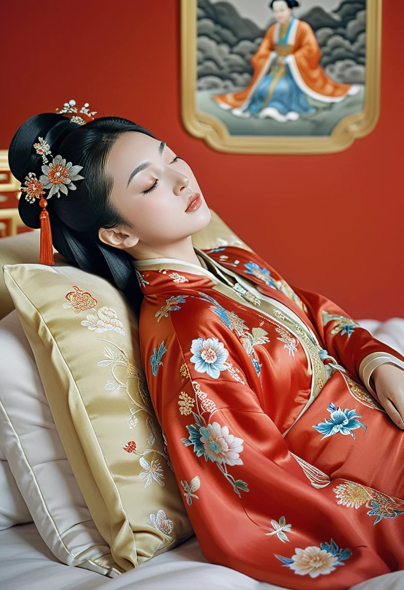 A side view of a Chinese empress relaxing in bed, with a close-up view of her buttocks. In the background is a Chinese palace from the Qing dynasty. She is sleeping in red Hanfu, with only her large buttocks sticking out. She is either wearing underwear or not, and her buttocks are sticking out and floating up.　　　　　　　　　　　　　　　　　　　　　　　　　　　　　　 Her hair is decorated with a large, flashy flower.　 The back of the hair is tied up and up.