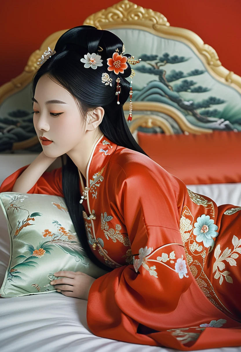 A side view of a Chinese empress relaxing in bed, with a close-up view of her buttocks. In the background is a Chinese palace from the Qing dynasty. She is sleeping in red Hanfu, with only her large buttocks sticking out. She is either wearing underwear or not, and her buttocks are sticking out and floating up. Her hair is decorated with a large, flashy flower. The back of the hair is tied up and up.