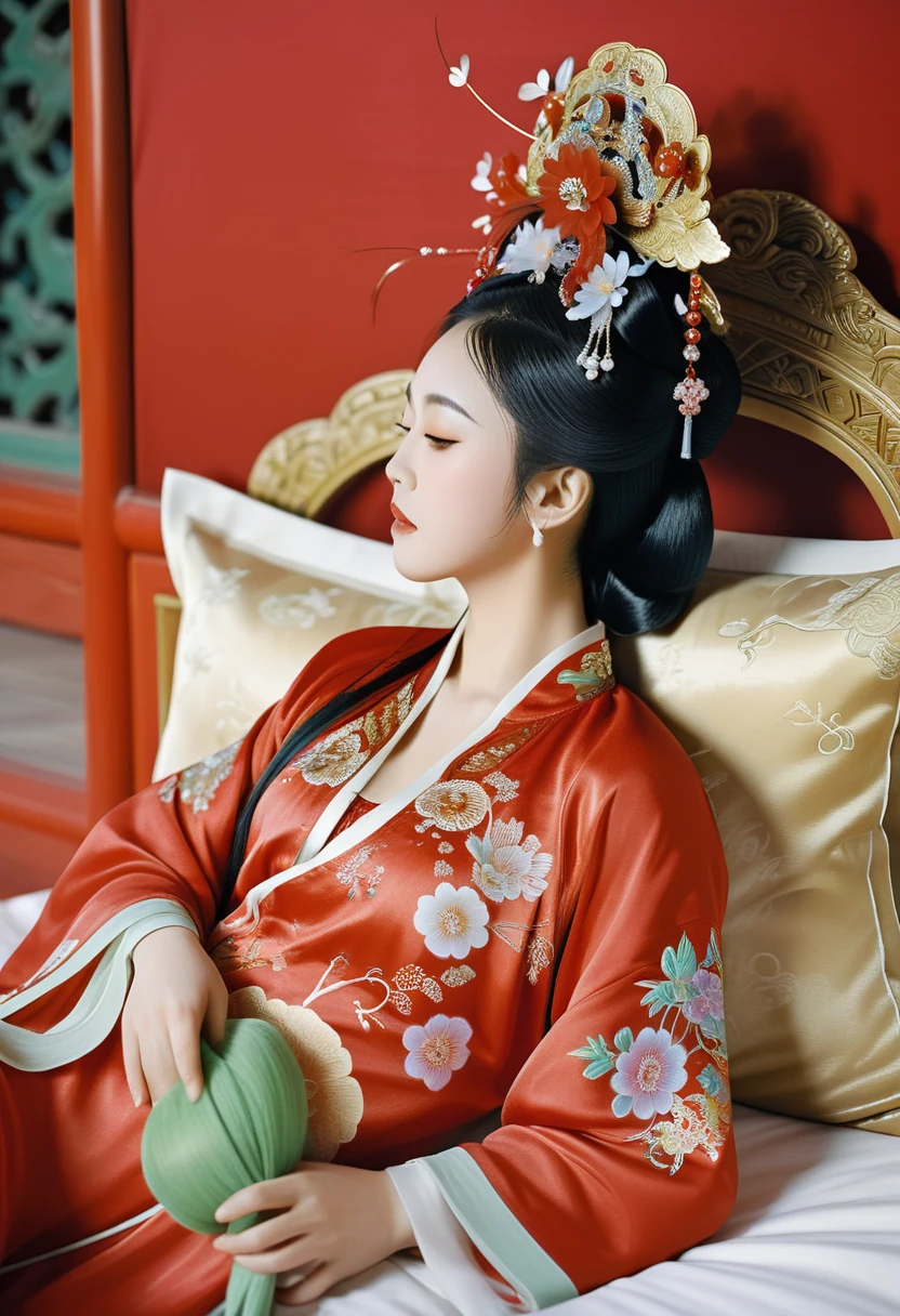 A side view of a Chinese empress relaxing in bed, with a close-up view of her buttocks. In the background is a Chinese palace from the Qing dynasty. She is sleeping in red Hanfu, with only her large buttocks sticking out. She is either wearing underwear or not, and her buttocks are sticking out and floating up.　　　　　　　　　　　　　　　　　　　　　　　　　　　　　　 Her hair is decorated with a large, flashy flower.　 The back of the hair is tied up and up.