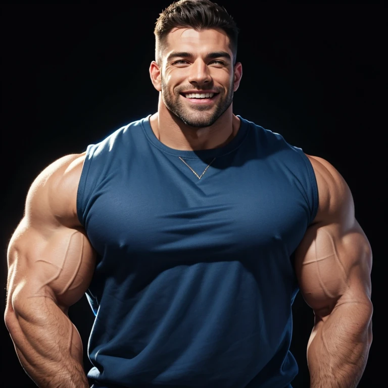 A handsome, smiling, massively muscular man with massively large muscles, wearing a simple blue sweatshirt, on a black background