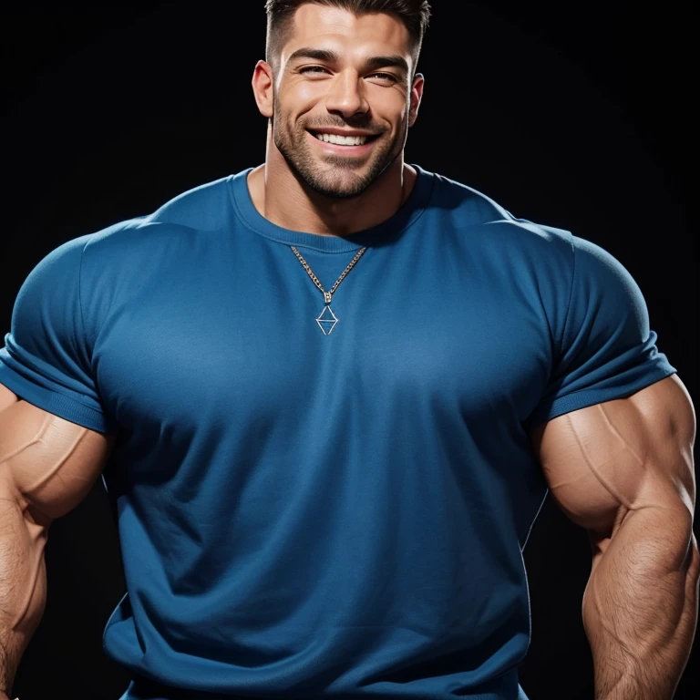 A handsome, smiling, massively muscular man with massively large muscles, wearing a simple blue sweatshirt, on a black background
